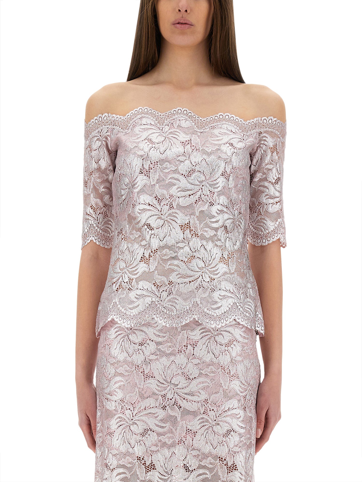 Rabanne Off-the-shoulder Lace Top With Floral Patterns In Pink