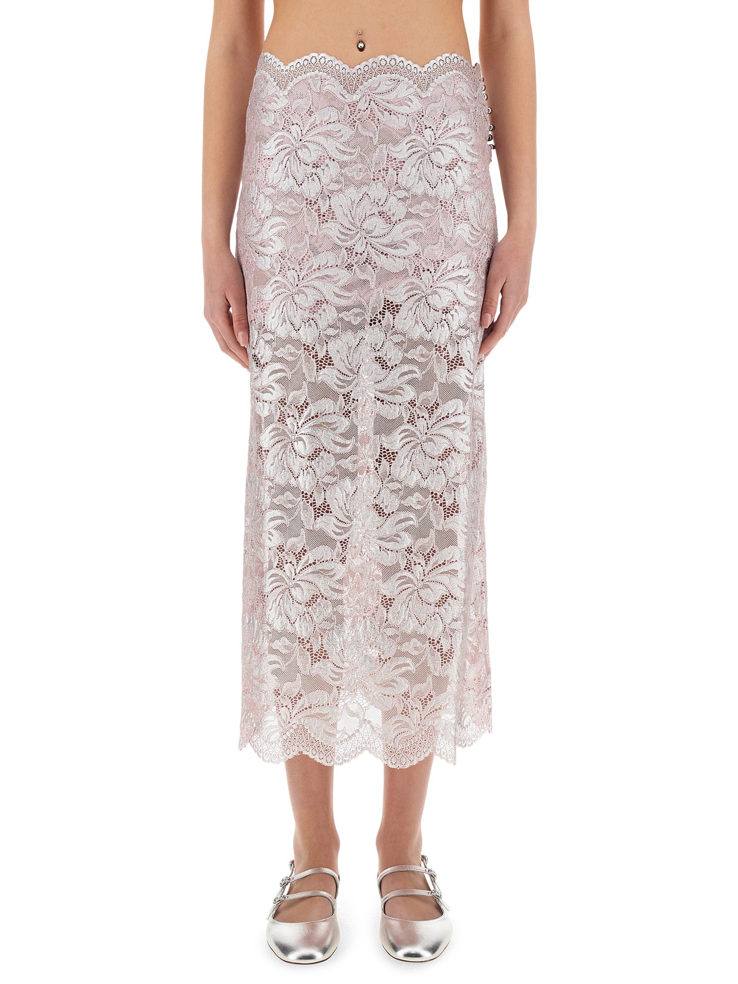 Rabanne Midi Skirt With Scalloped Waistline And Metallic Lace Fabric In Pink