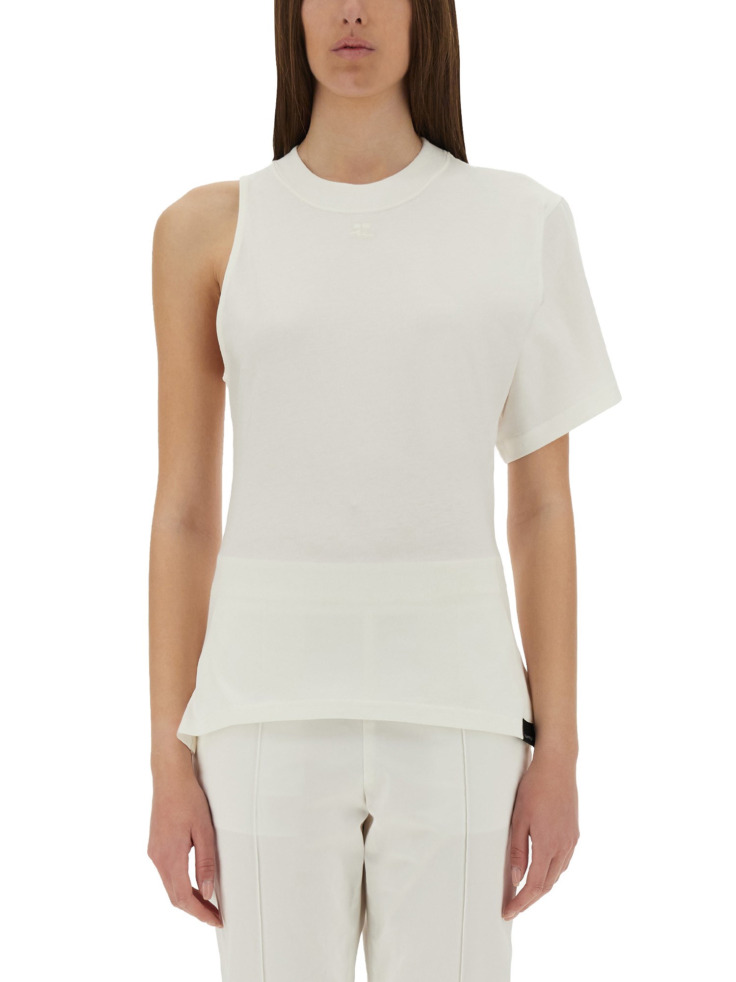 Courrèges Scube One Shoulder Cotton T-shirt In White
