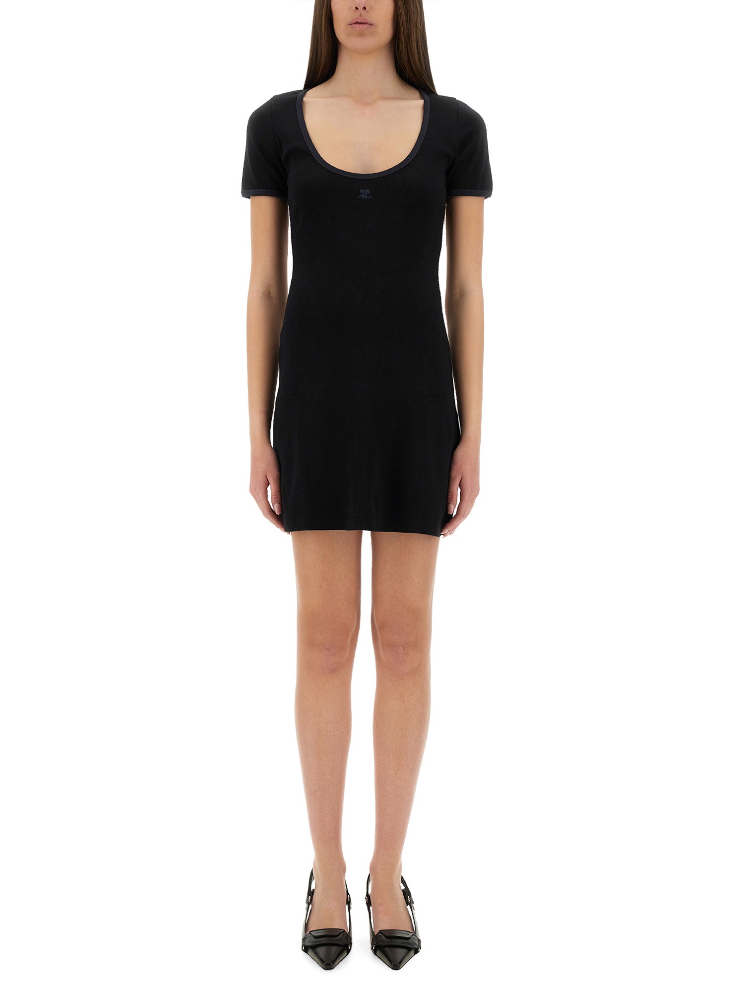 Courrèges Cotton Short Sleeves Mini Dress In Black In Black