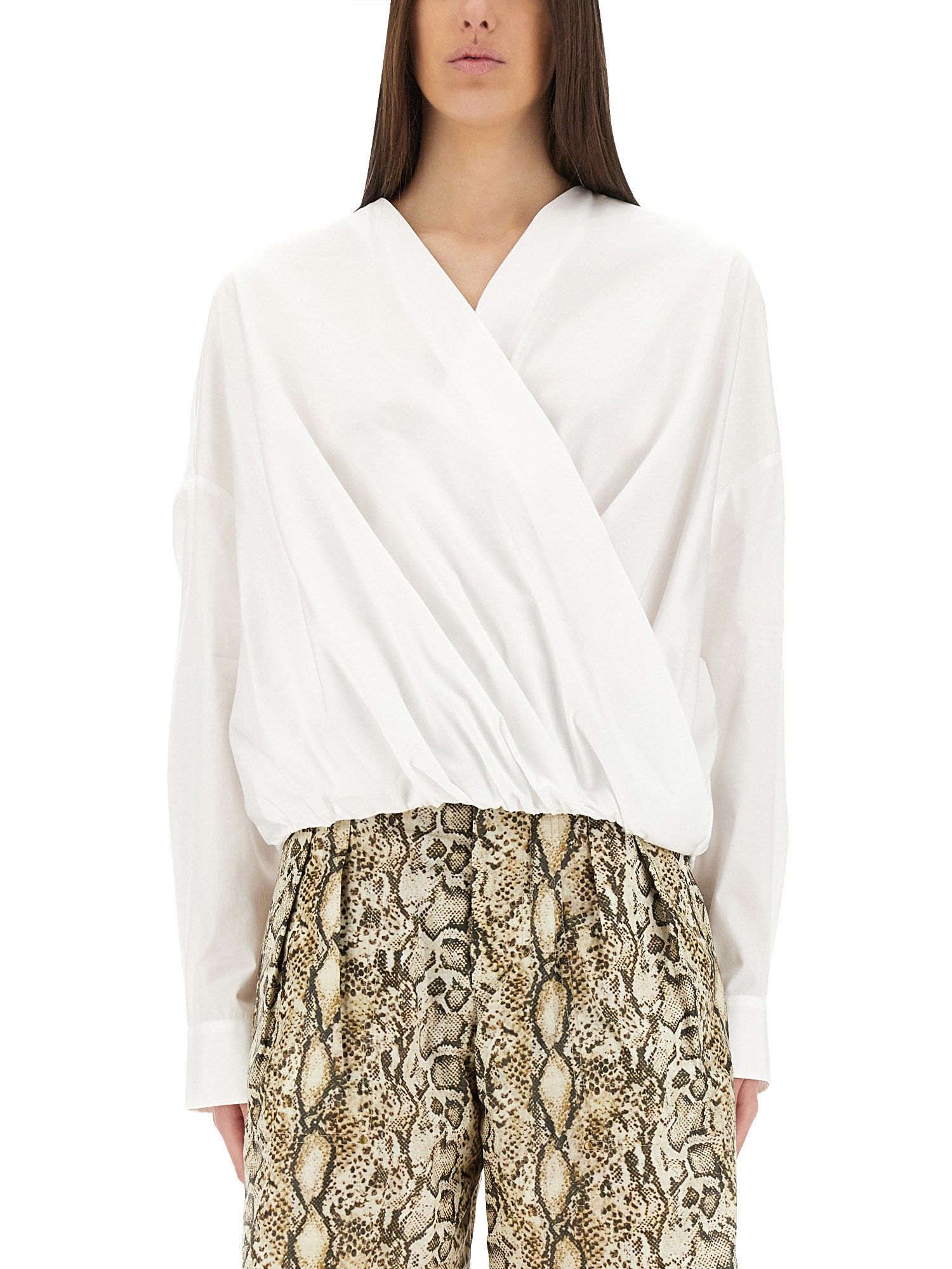 Dries Van Noten White Shirt With Draping And V-neck In Cotton Poplin Woman In White