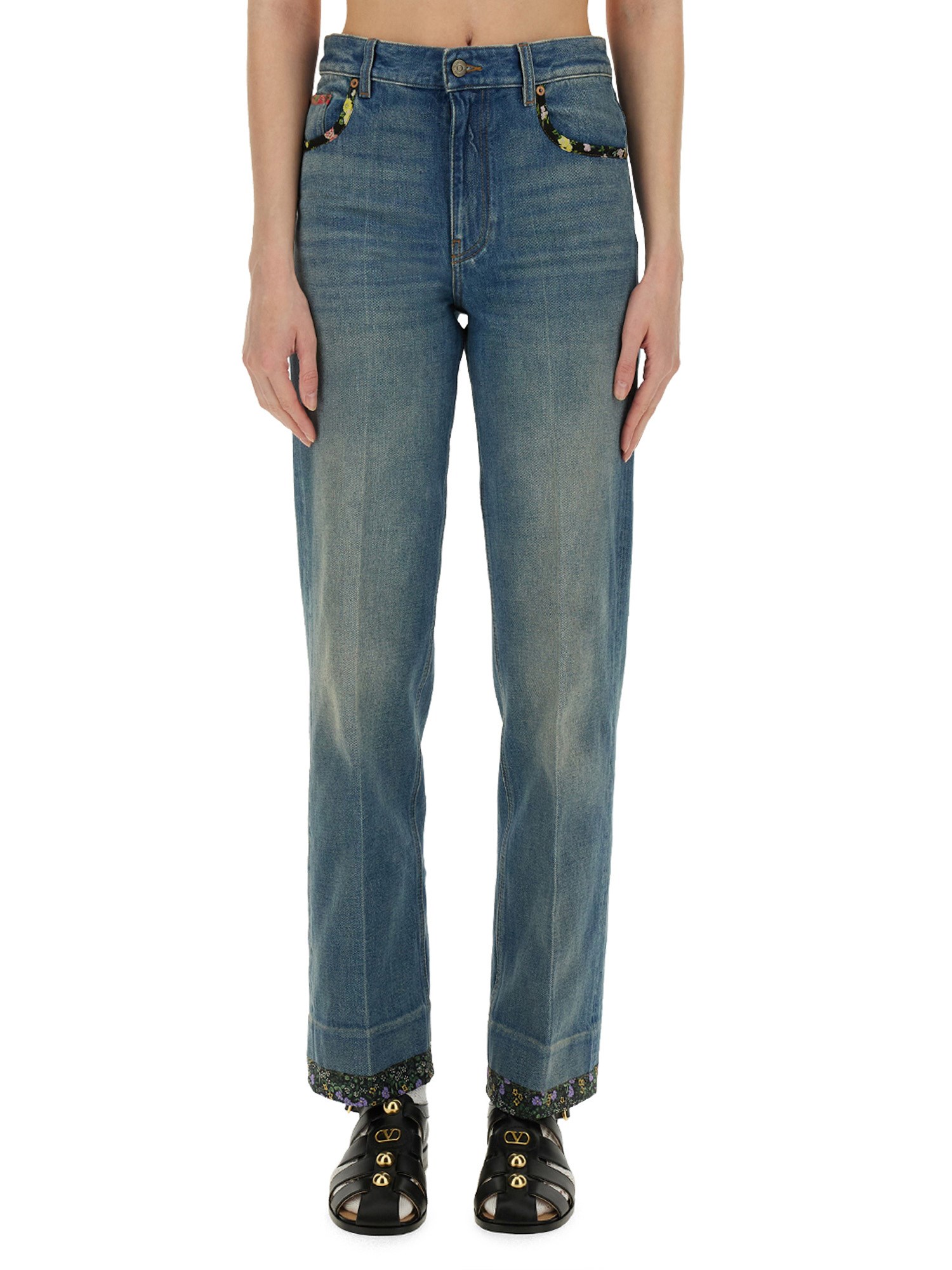 Valentino Straight-fit Denim Pants With Colorful Embellishments In Denim