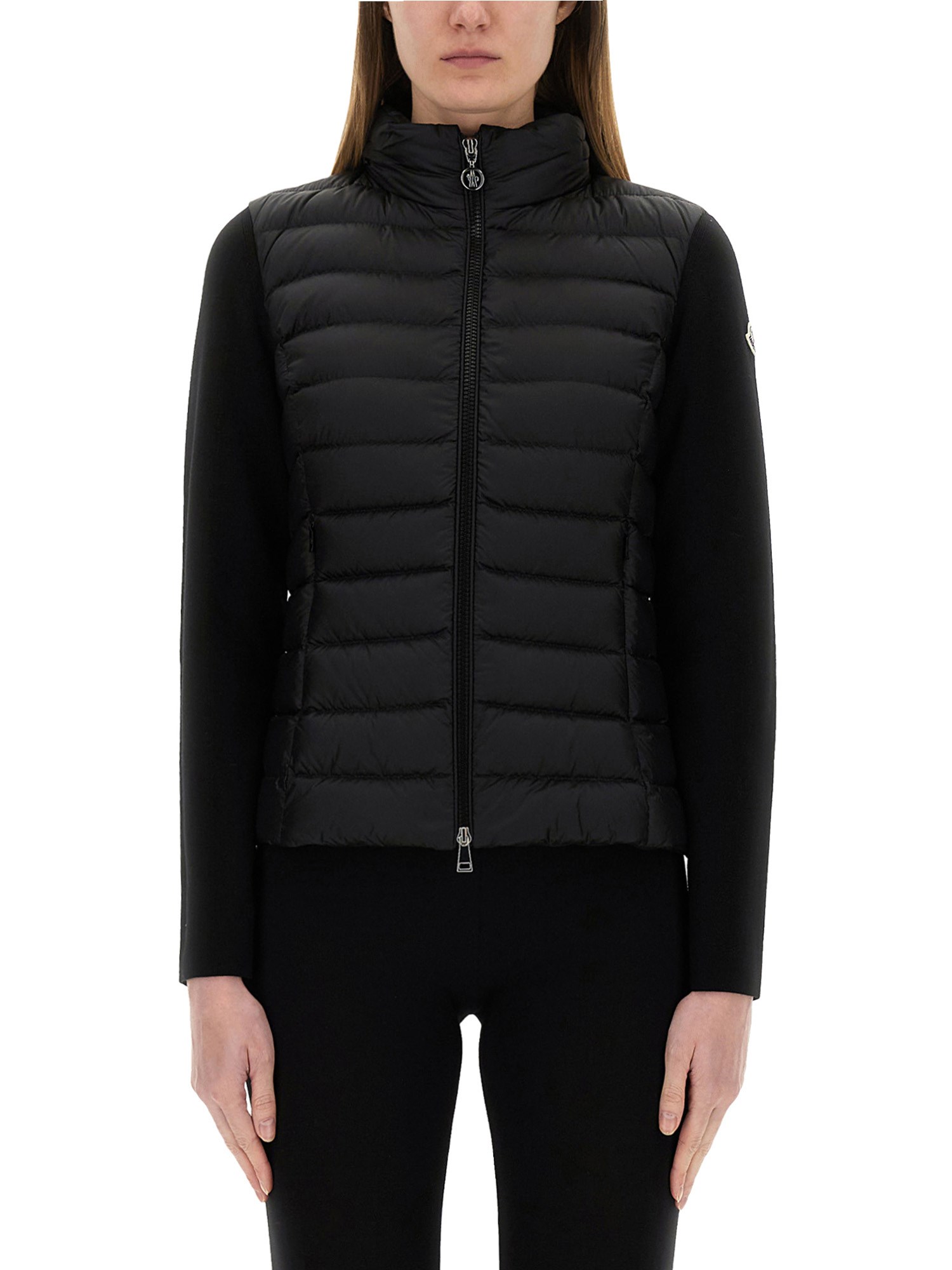 Moncler Black Quilted Cardigan With High Neck And Logo Patch On The Sleeve In Wool And Tech Fabric B In Black