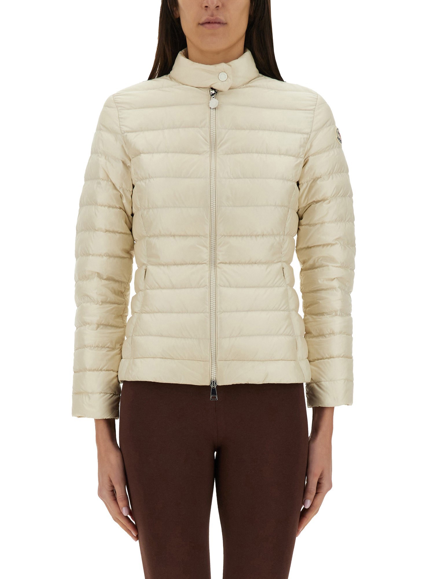 Moncler Fitted Quilted Feather Down Jacket With High Collar In Beige