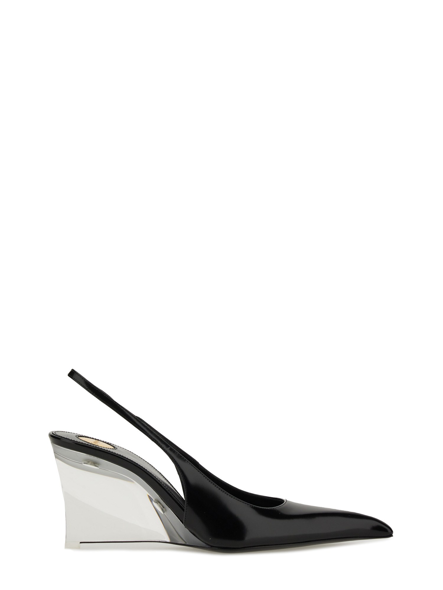 Saint Laurent Pointed Toe Glazed Leather Wedges With Transparent Heel In Black
