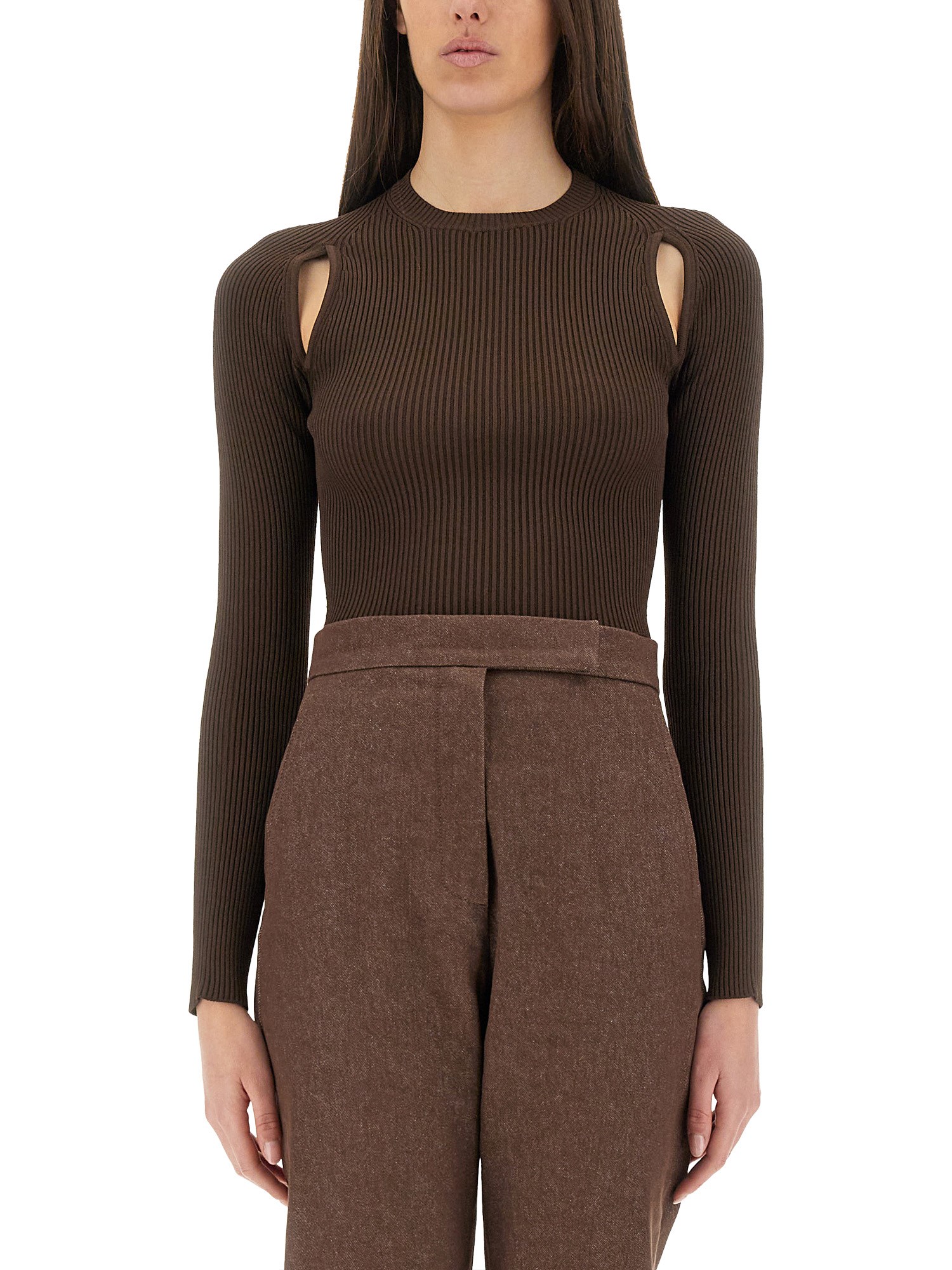 Max Mara Ribbed Brown Top With Cut-out Shoulder Details In Brown