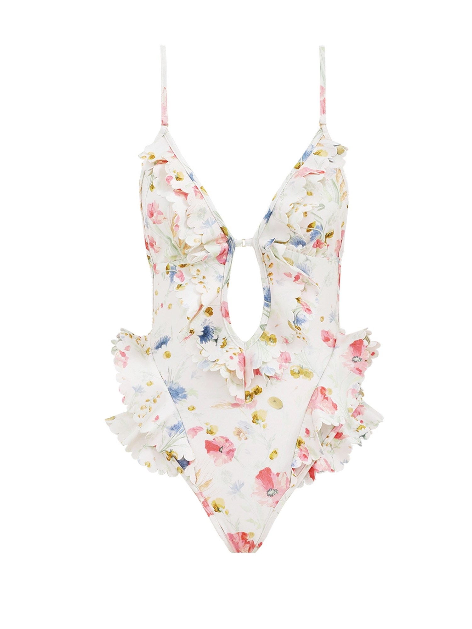 Zimmermann Multicolour Floral Swimsuit With Ruffled Edges And Adjustable Ties In Multi