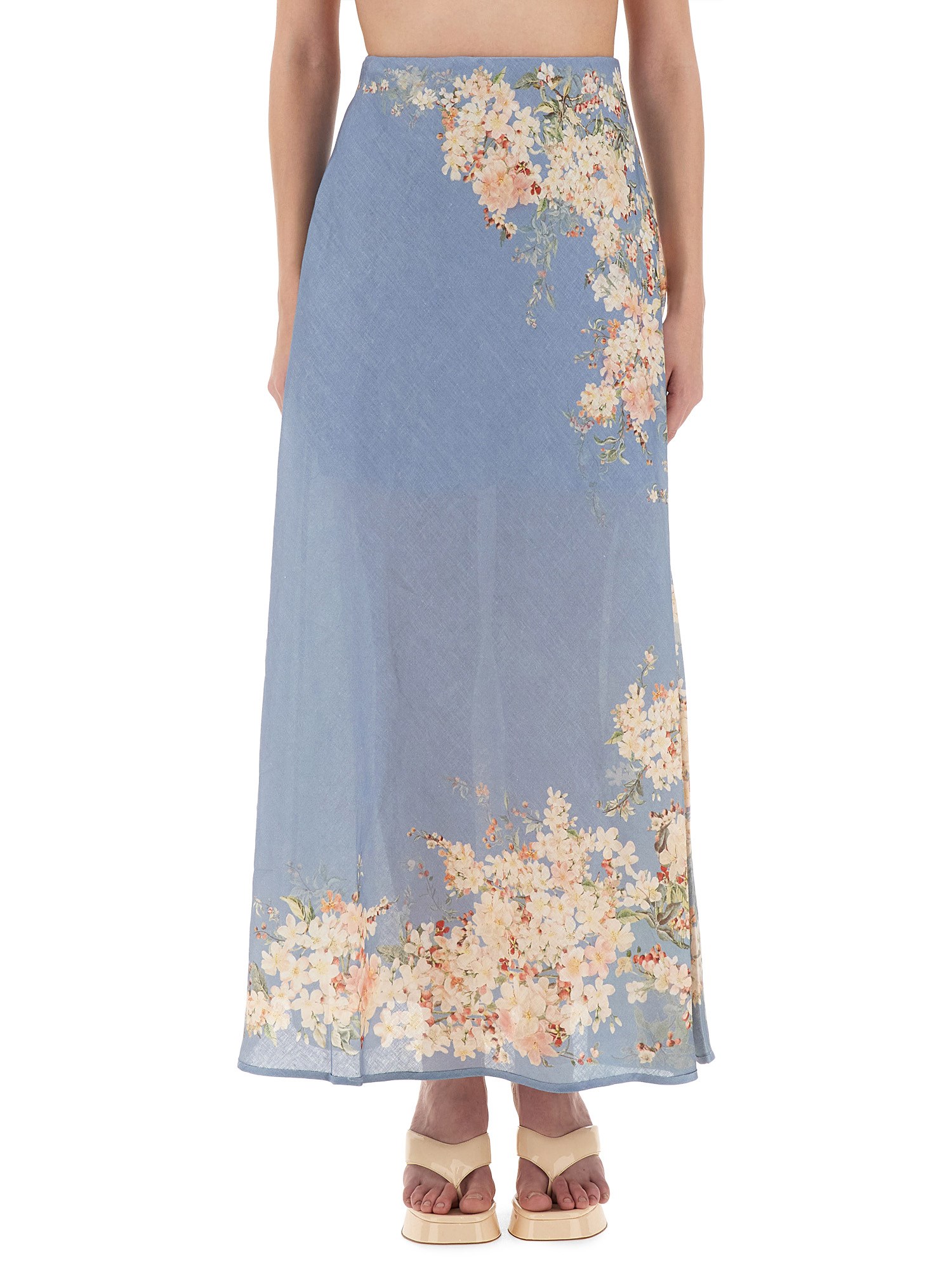 Zimmermann Womens Cascadian Bias Floral Linen Midi Skirt Teal Blue Botanical In Blue