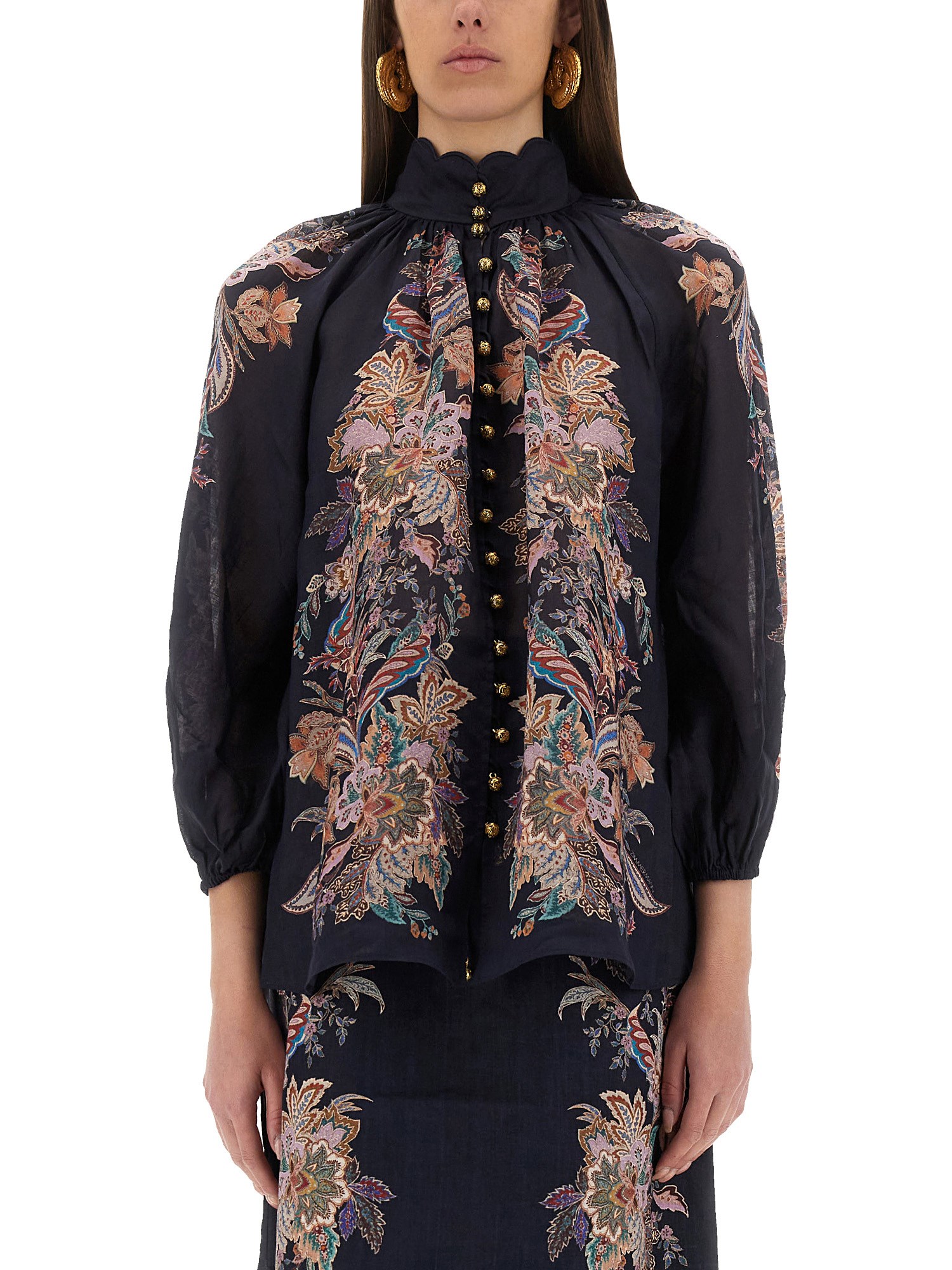 Zimmermann Rhiannon Billow Blue Blouse With High Neck And All-over Paisley Print In Ramie Woman In Blue