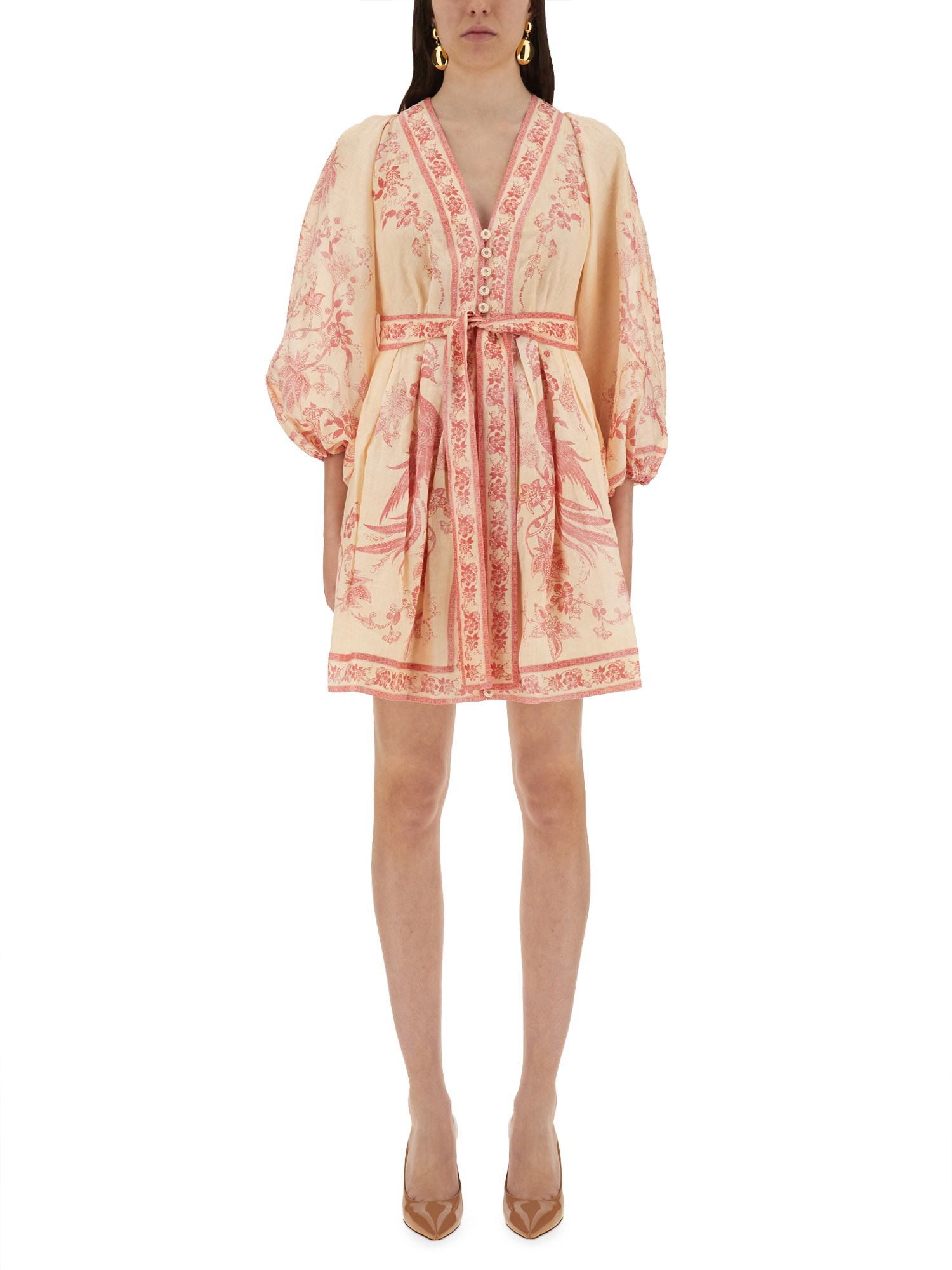 Zimmermann Lucky Pink Mini Dress With V Neck And All-over Floral Print In Linen Woman