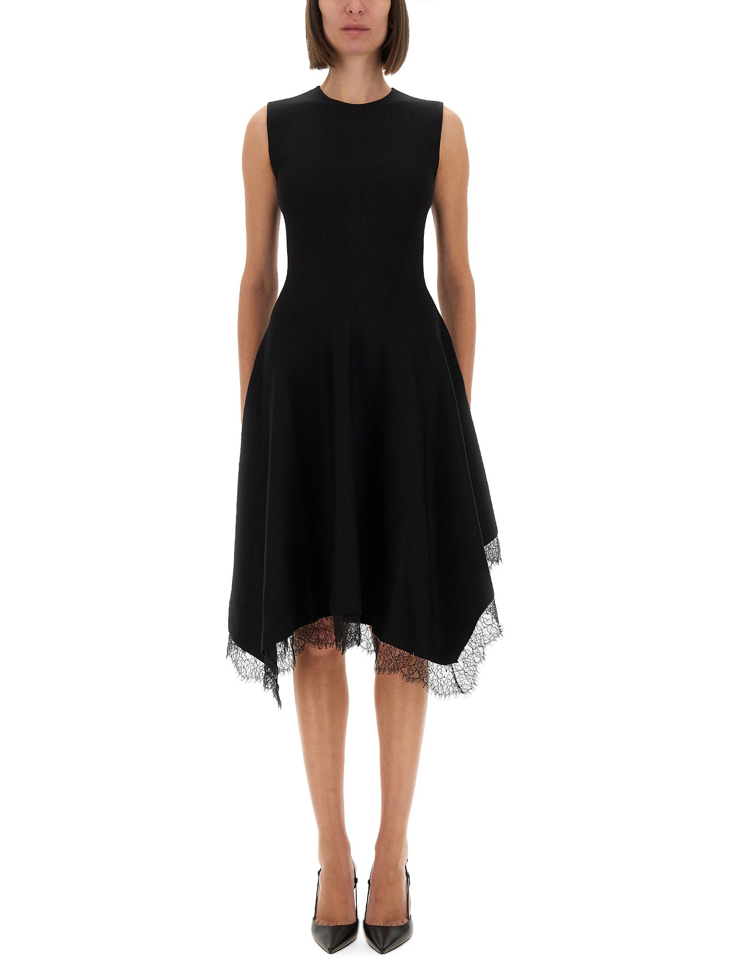 Alexander Mcqueen Asymmetric Hem Lace Trim Sleeveless Dress In Black