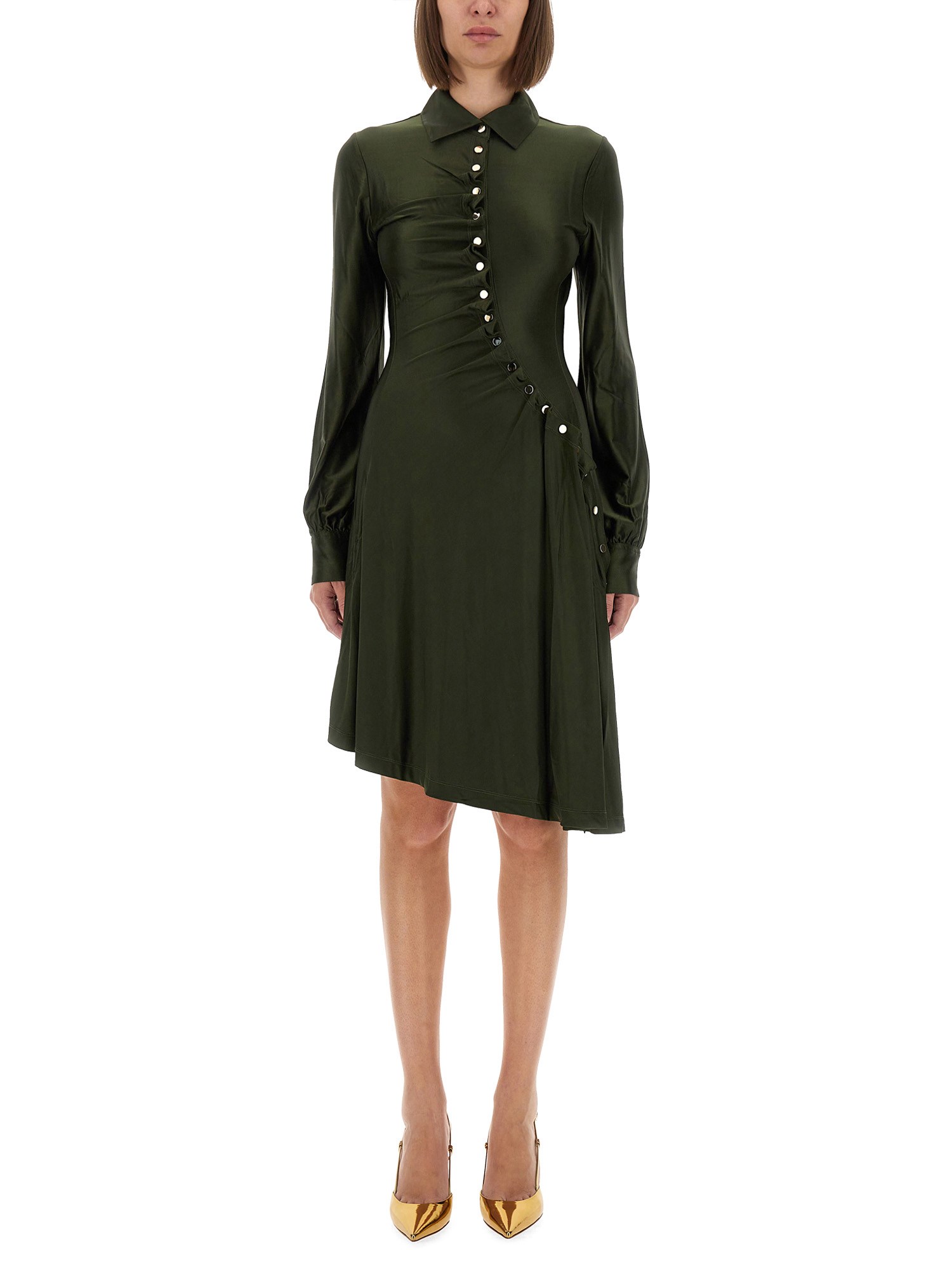 Rabanne Ruched Button Long-sleeve Mini Shirtdress In Green
