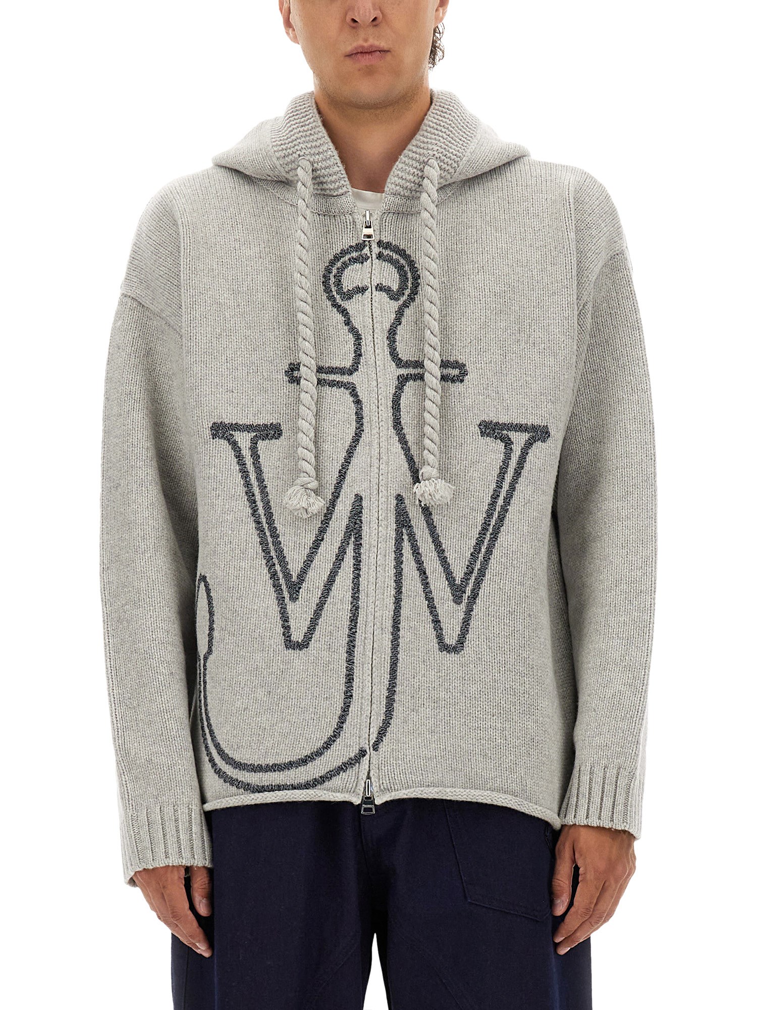 Jw Anderson Knitted Zip-up Jersey With Anchor Embroidery In Gray