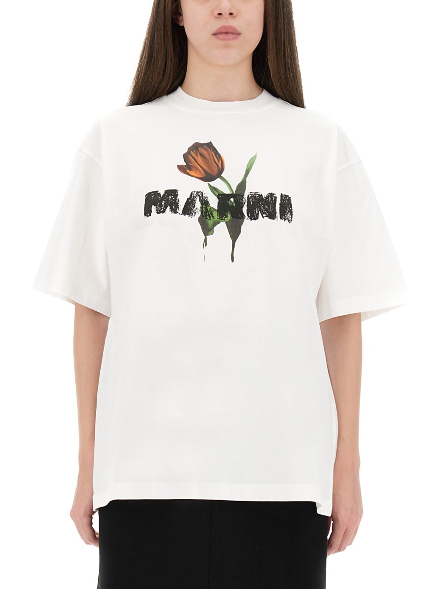 T-SHIRT IN COTONE BIANCO CON STAMPA TULIPANI