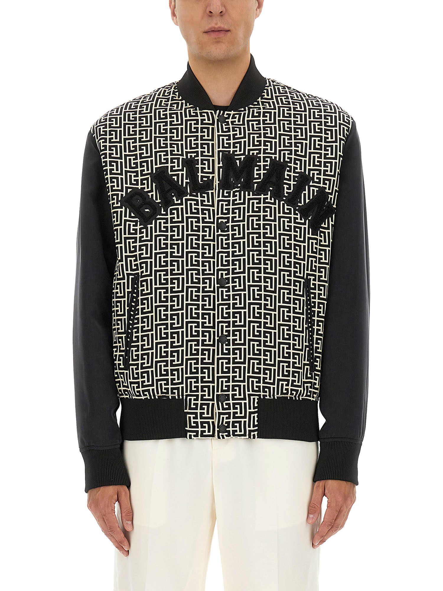 balmain monogrammed varsity jacket with patches