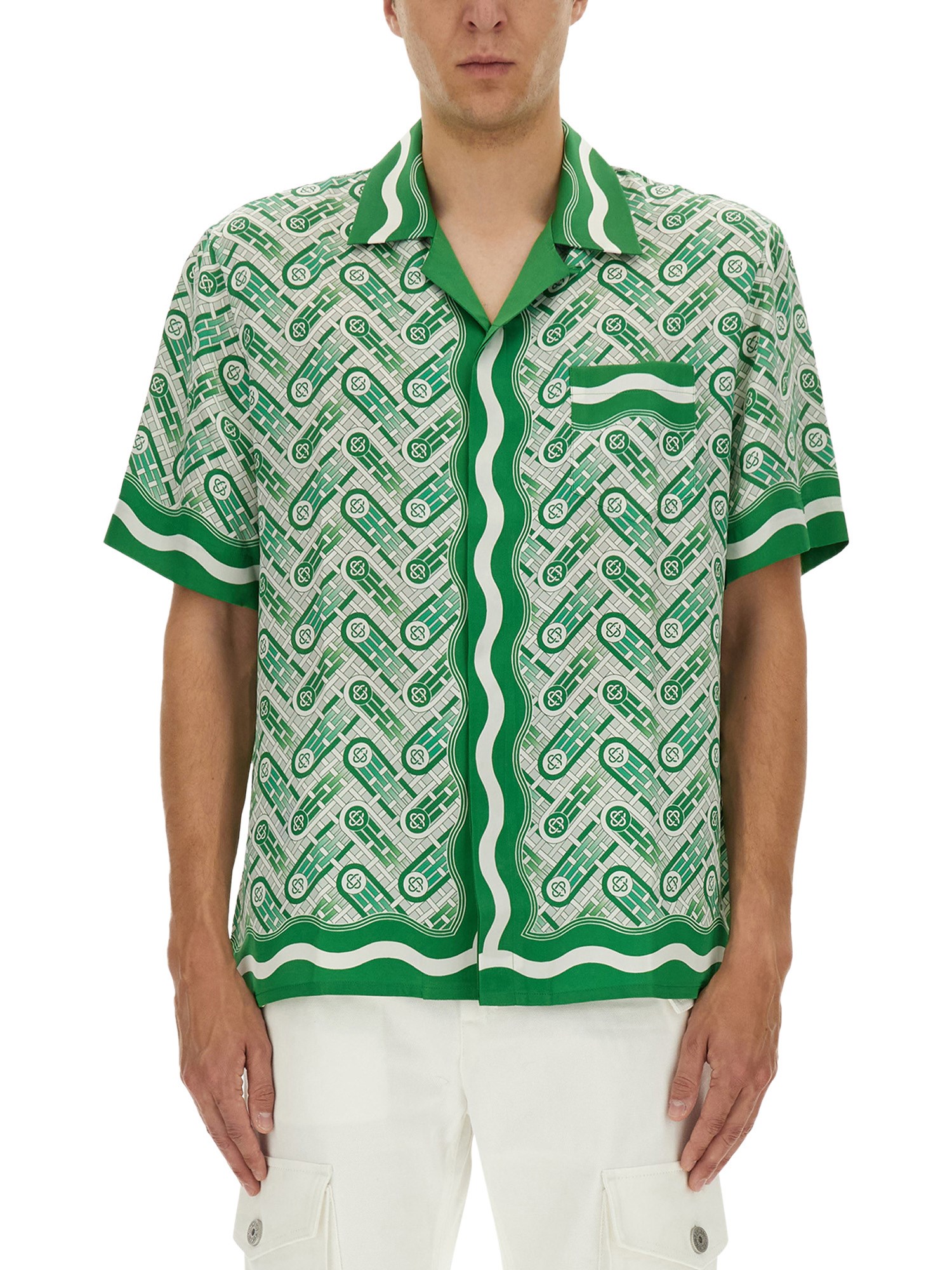 Casablanca Mens Green Ping Pong Ping Pong Monogram Cuban-collar Short-sleeve Silk Shirt In Green