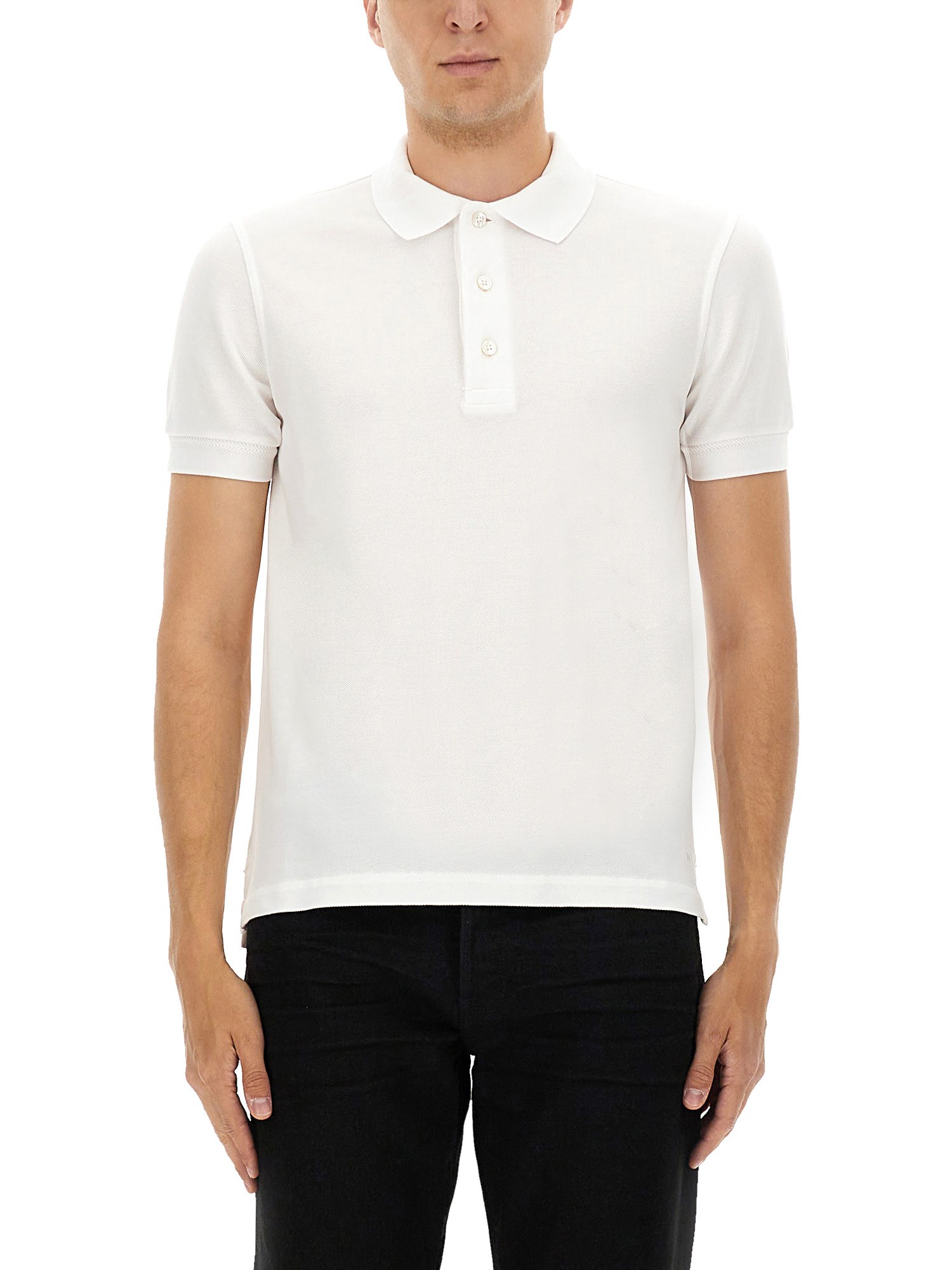 Tom Ford Textured White Pique Polo With Collared Neckline In White