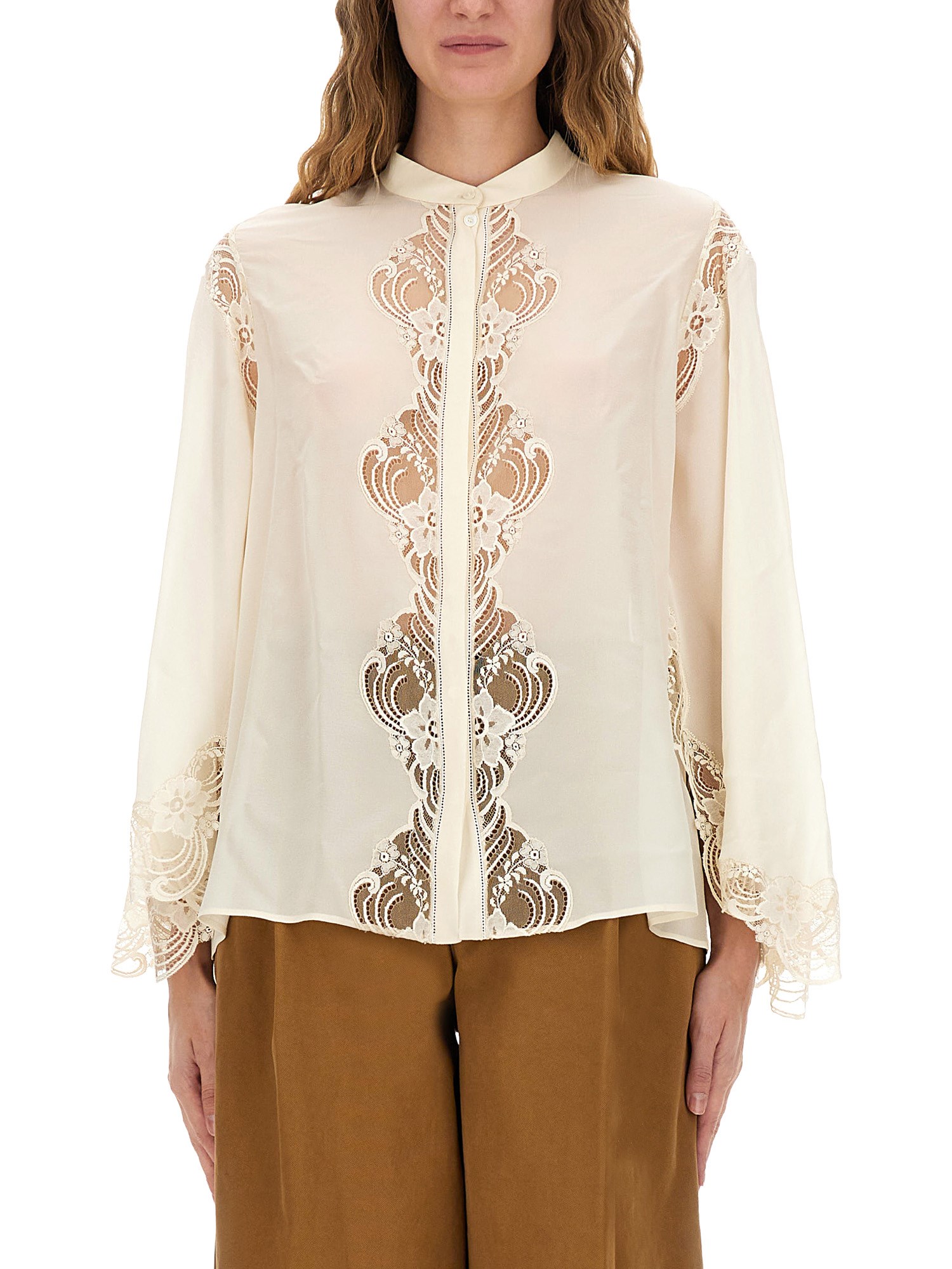 Chloé Fluid Silk Georgette And Lace Blouse In White