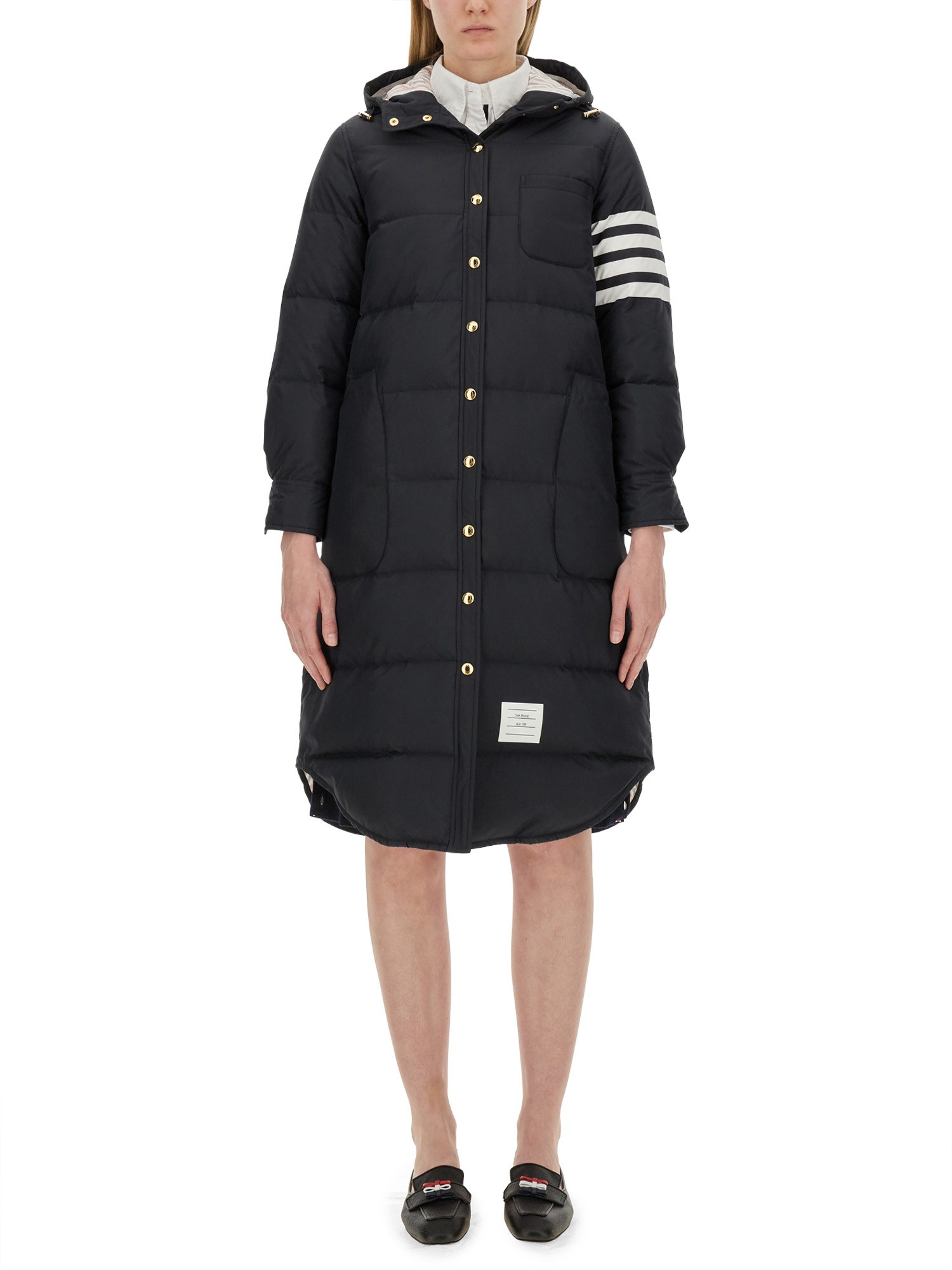 Thom Browne Quilted Long Puffer Jacket With Hood In Black