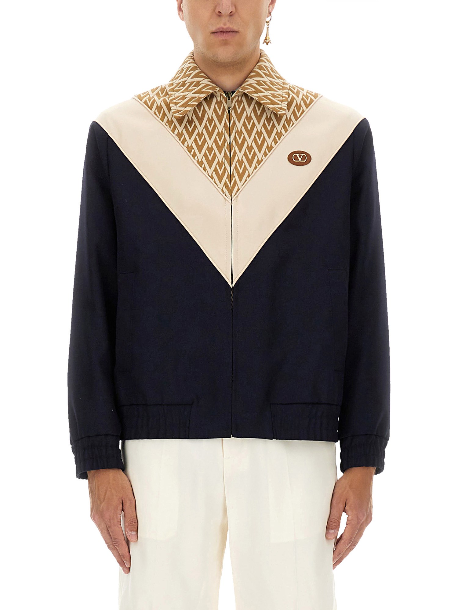 Valentino Wool And Cotton Jacket With Chevron Pattern In Blue