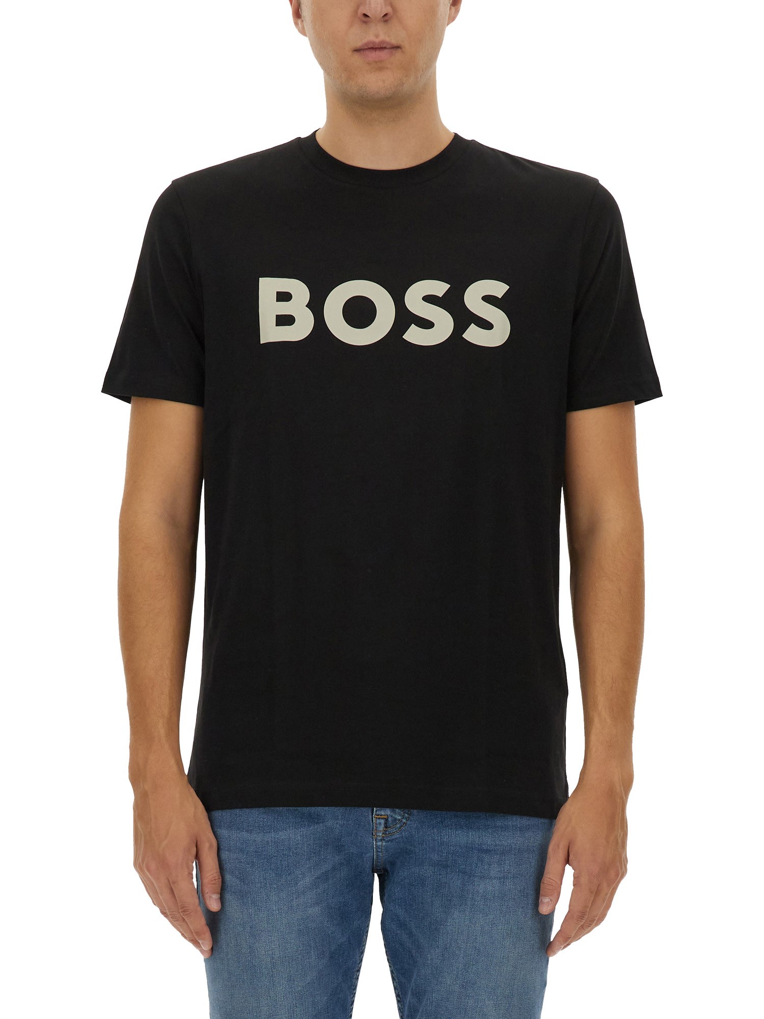Hugo Boss Cotton-jersey T-shirt With Curved-logo Print In Black