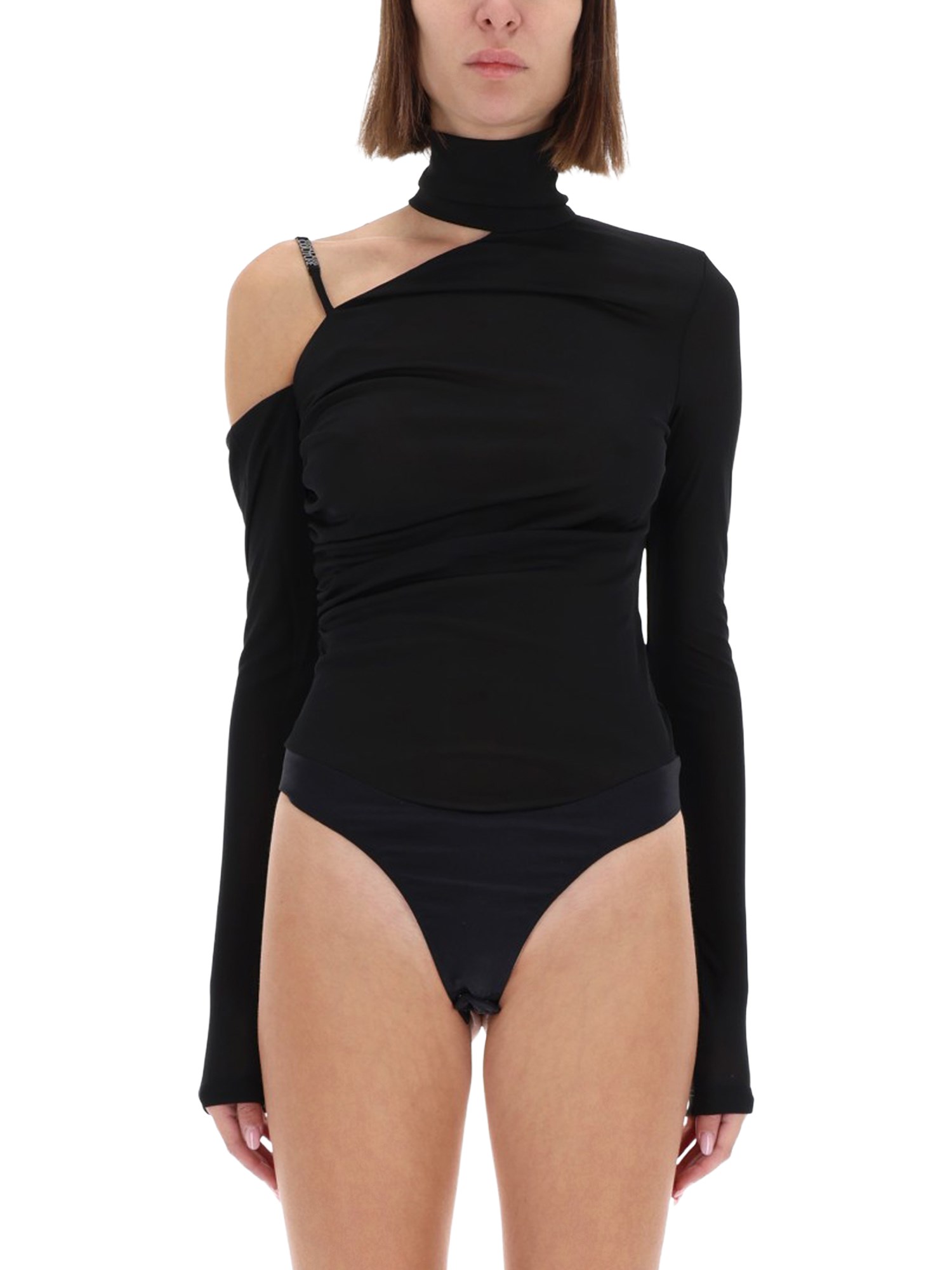 Versace Jeans Couture Bodysuit Top With Asymmetrical Design In Black