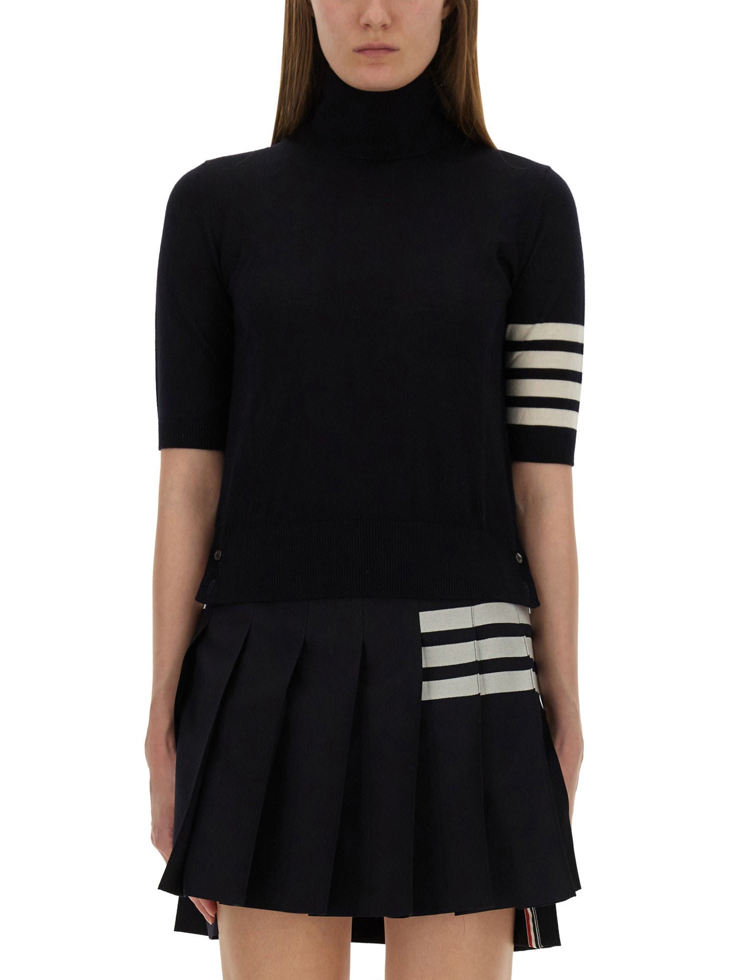 Thom Browne Black Short Sleeve Sweater With 4-bar Detail In Wool Woman