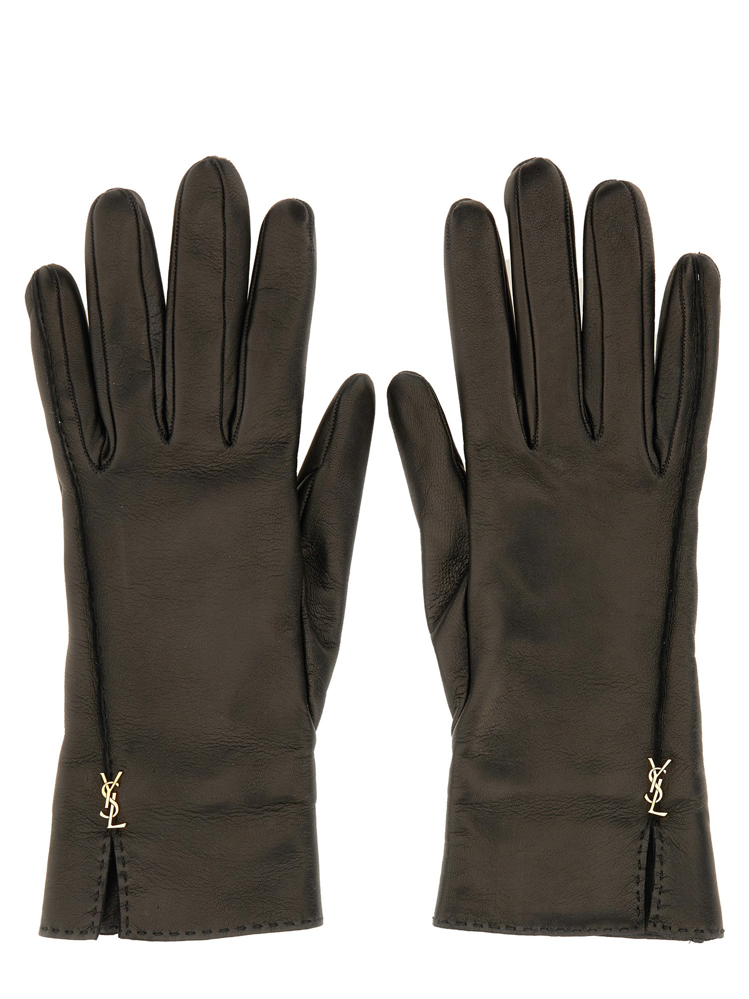 Saint Laurent Cassandre Leather Gloves In Gray