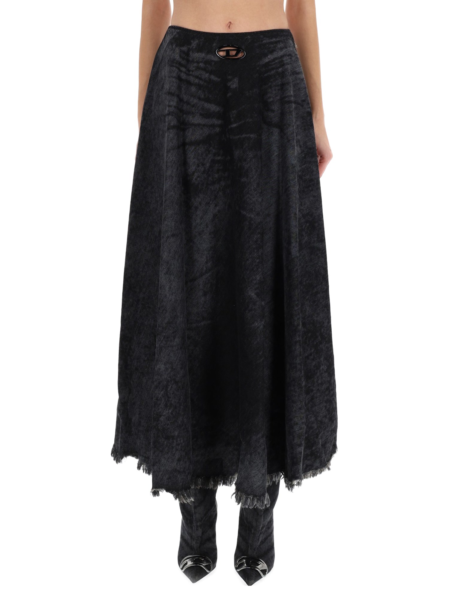 Diesel Full Skirt In Lasered Cotton-hemp Denim In Black