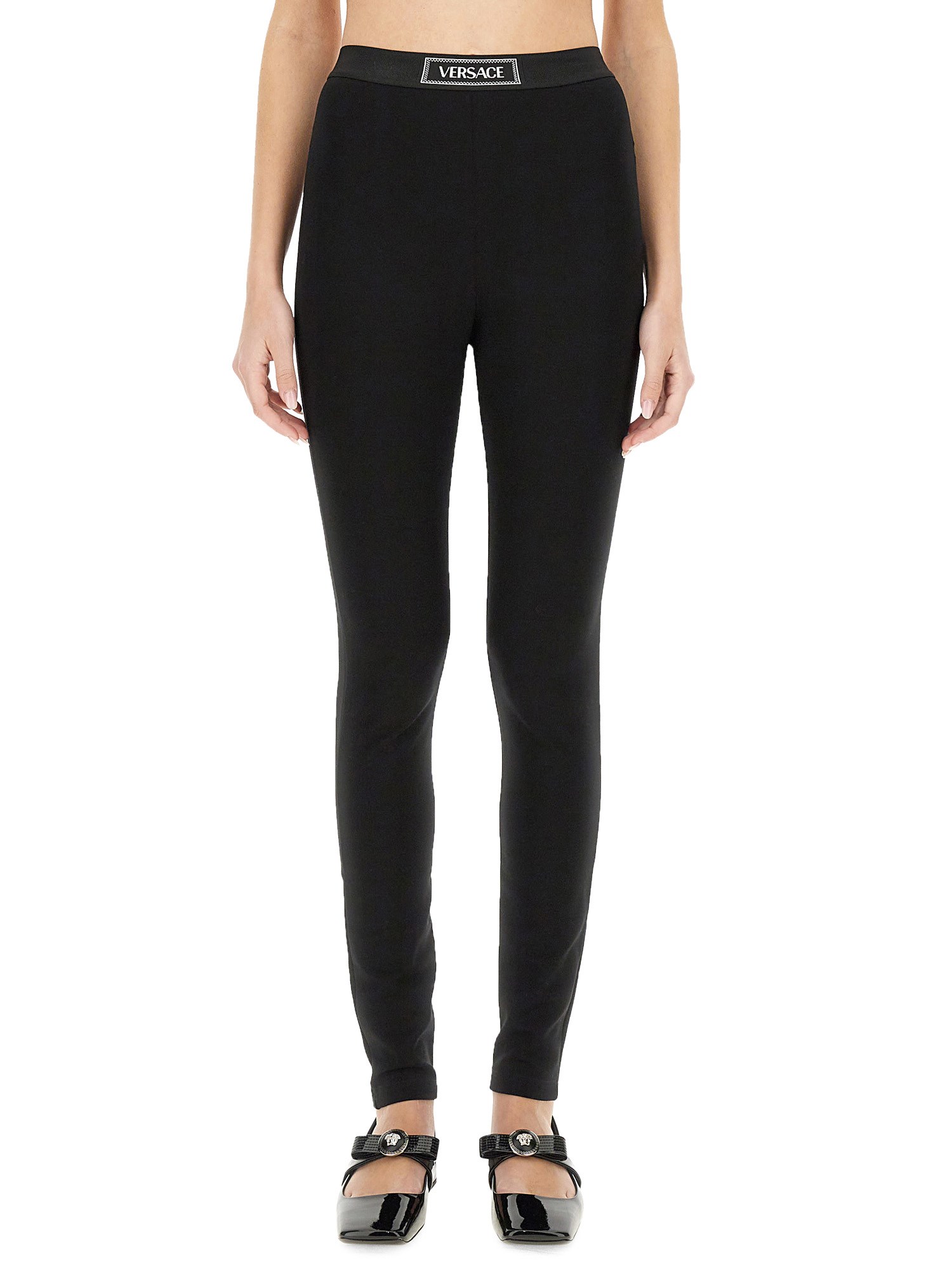 Versace Logo Print Slim Fit Ankle Length Leggings In Black