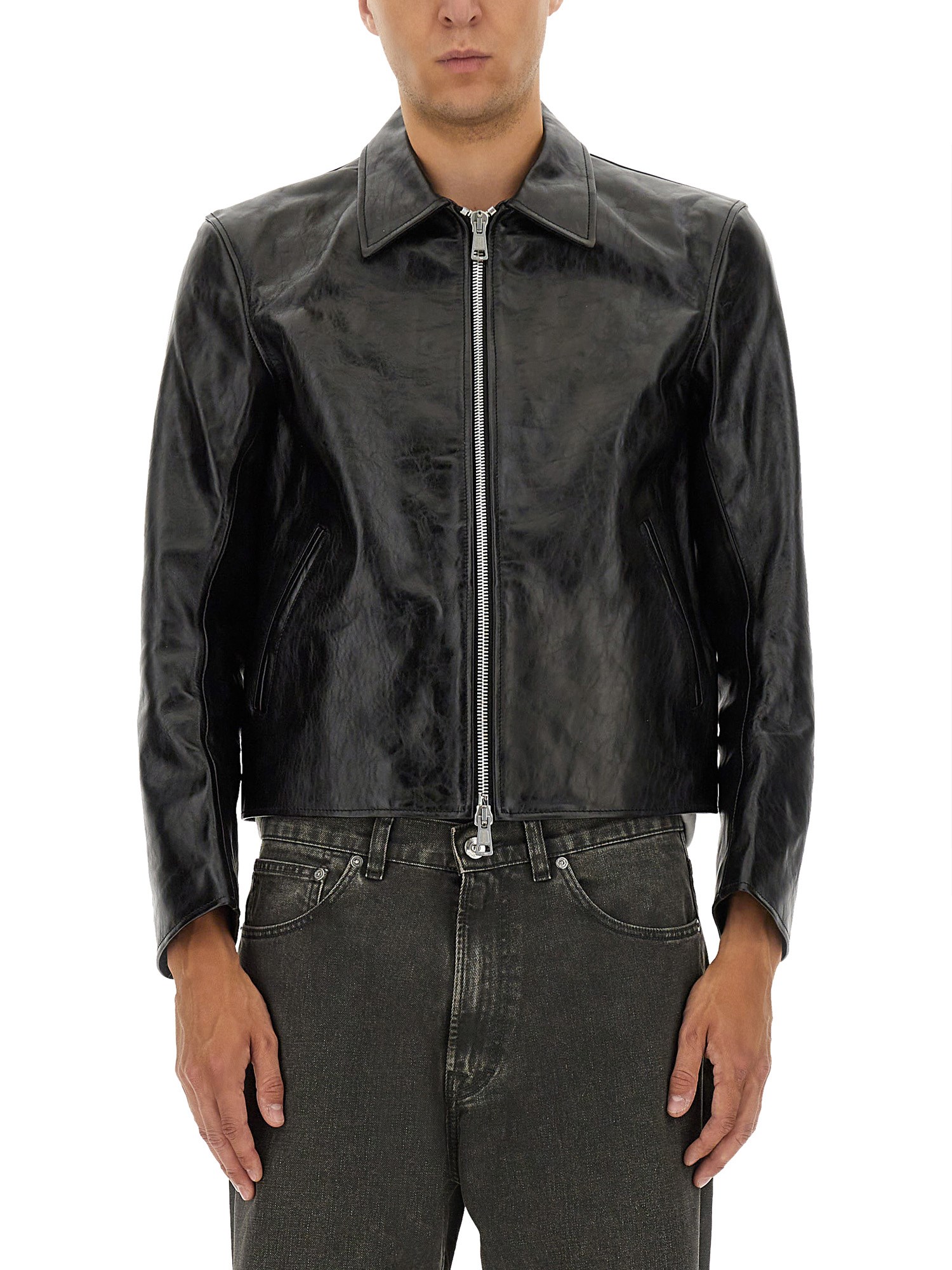 Our Legacy Cropped Black Leather Jacket With Classic Collar In Black