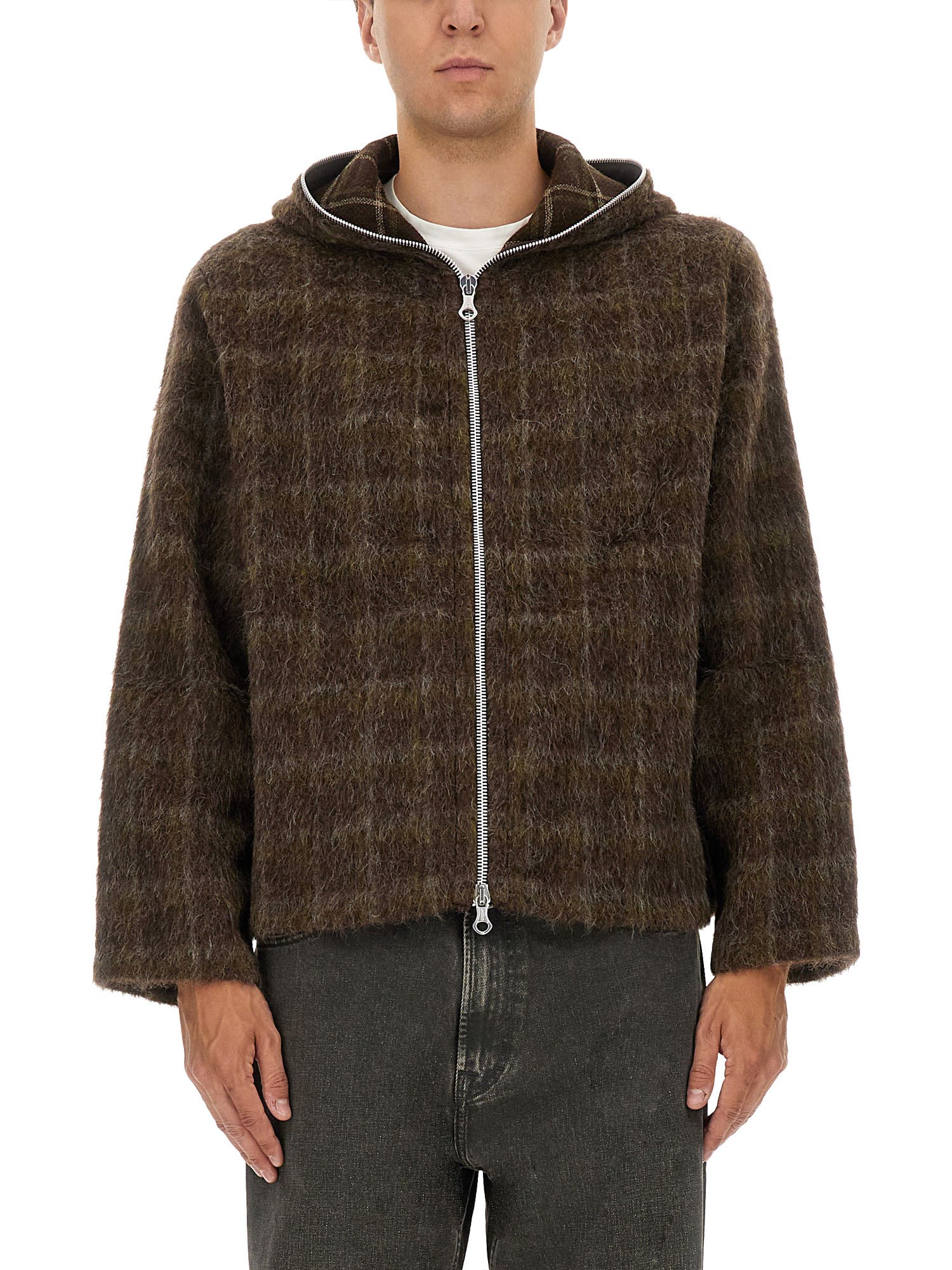 Our Legacy Textured Checkered Hooded Jacket With Long Sleeves In Brown