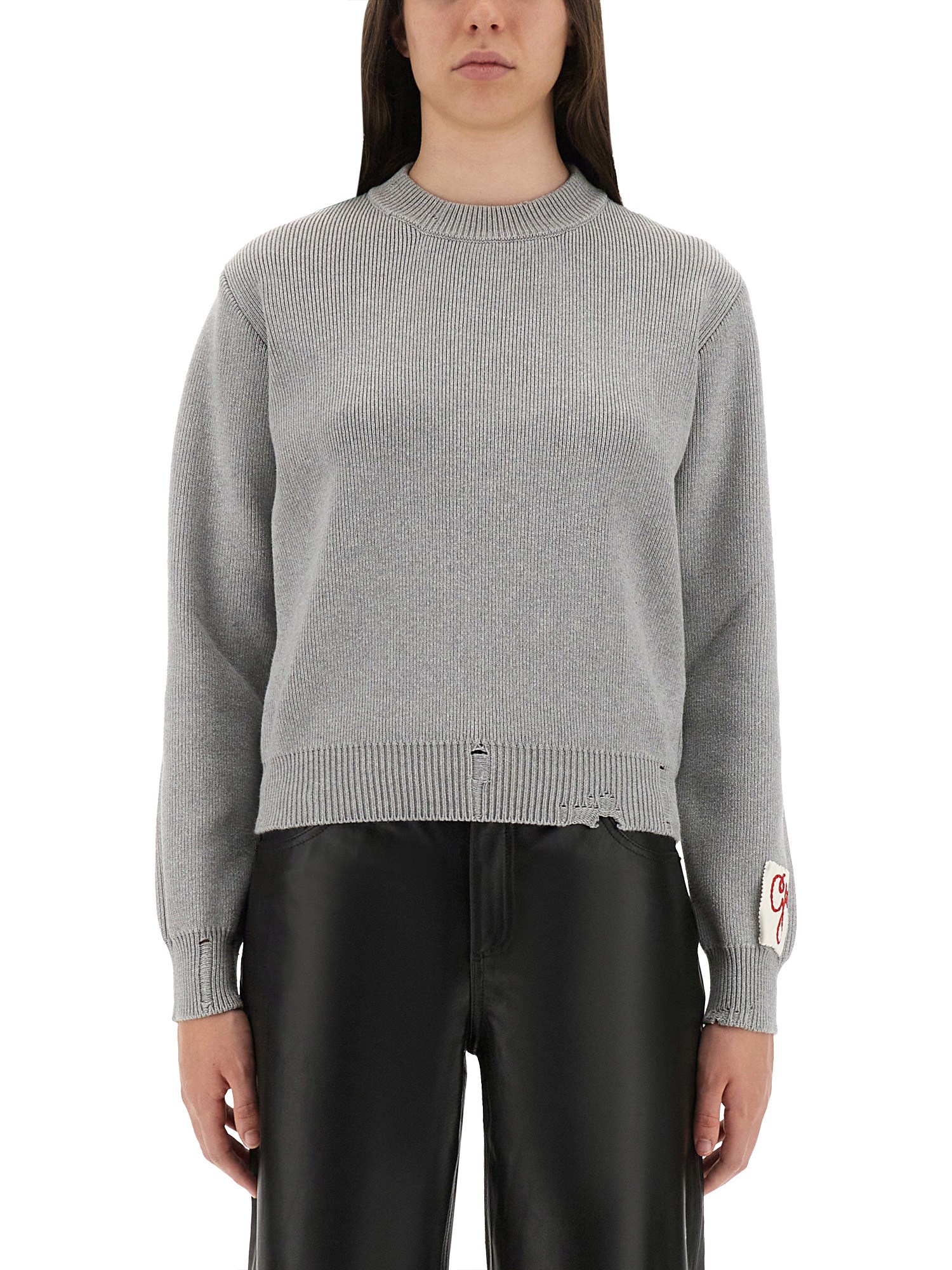 Golden Goose Ribbed Cotton Jersey Sweater With Logo Patch In Gray