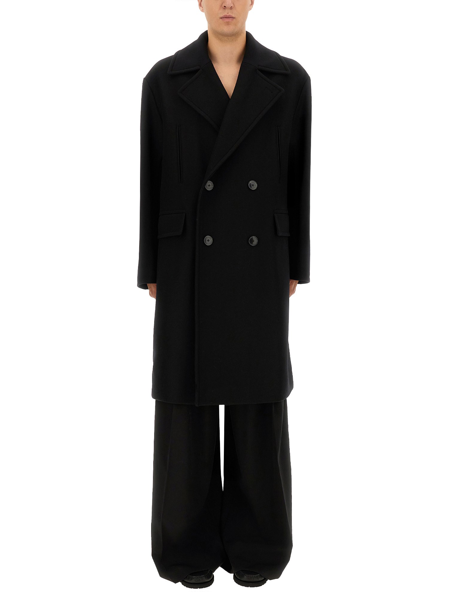Dries Van Noten Racos 2216 M.w. Wool Double Breasted Coat In Black