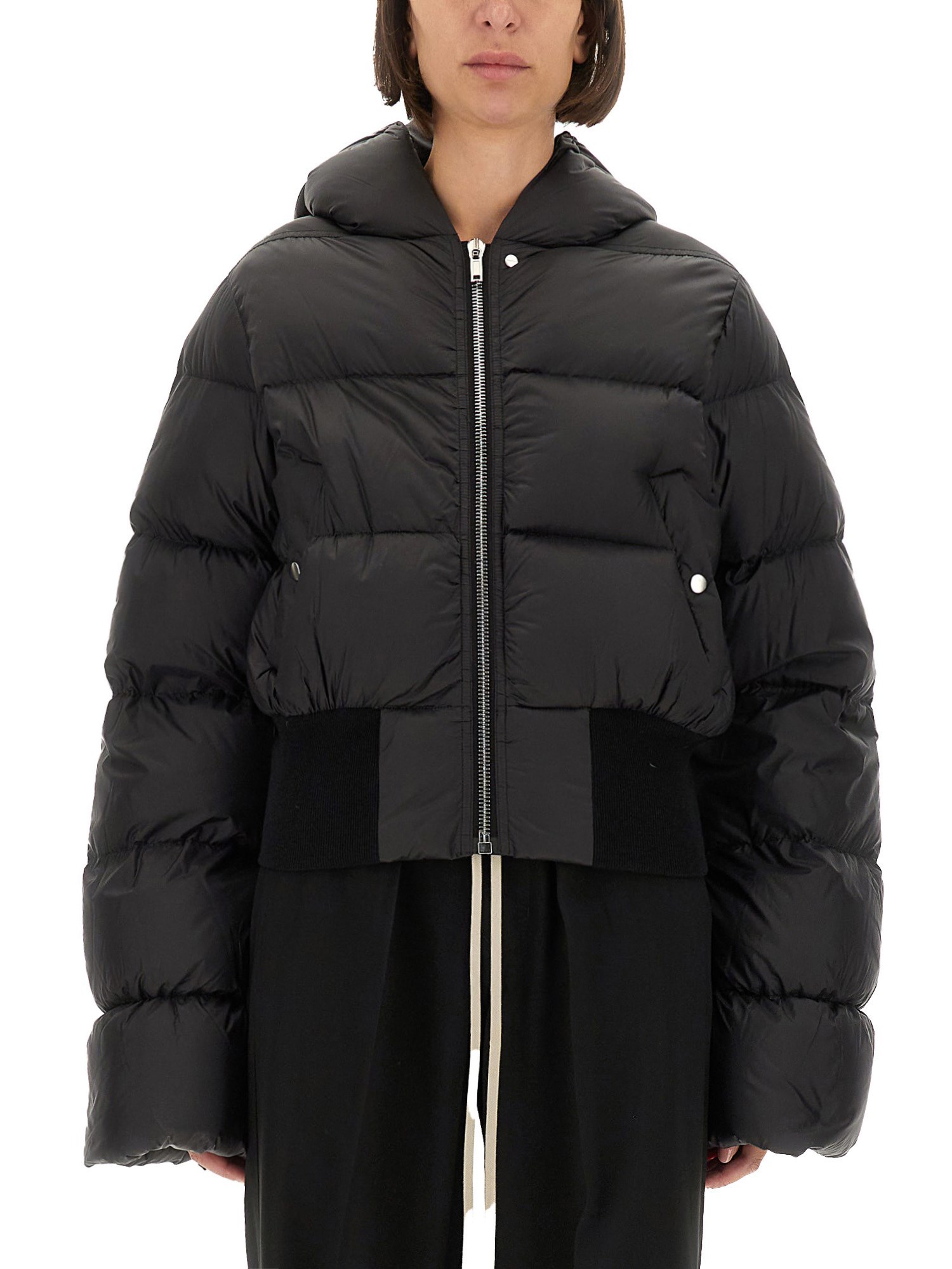 Rick Owens Black Down Jacket With Crop Design And Fixed Hood In Tech Fabric Woman In Black