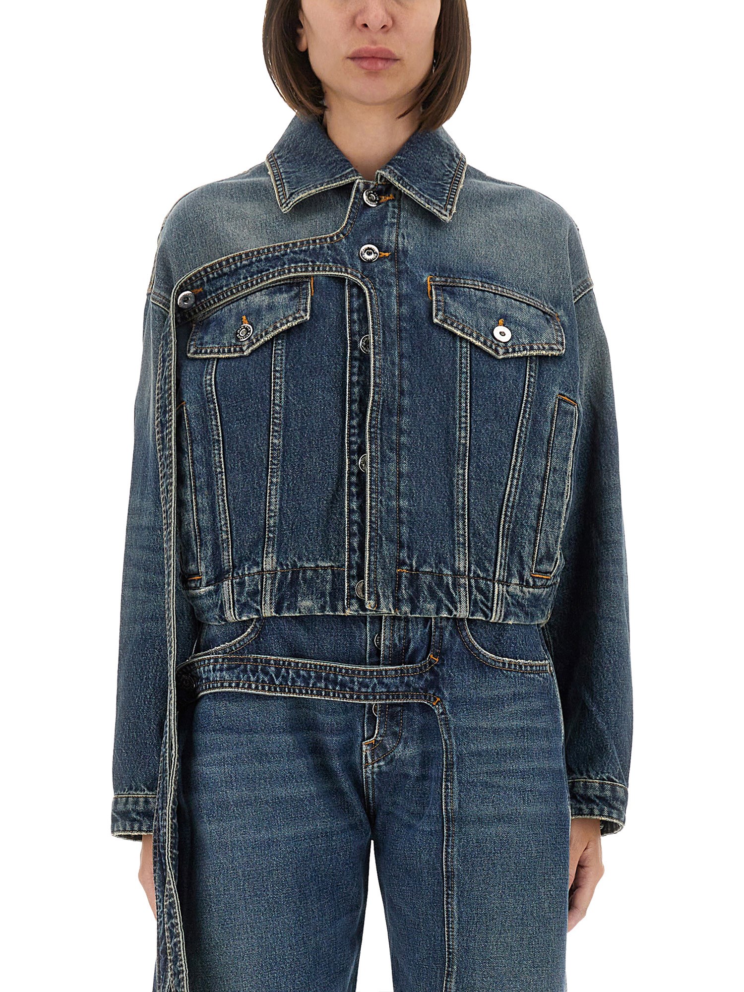 Jean Paul Gaultier Chest Strap Faded Denim Jacket In Blue