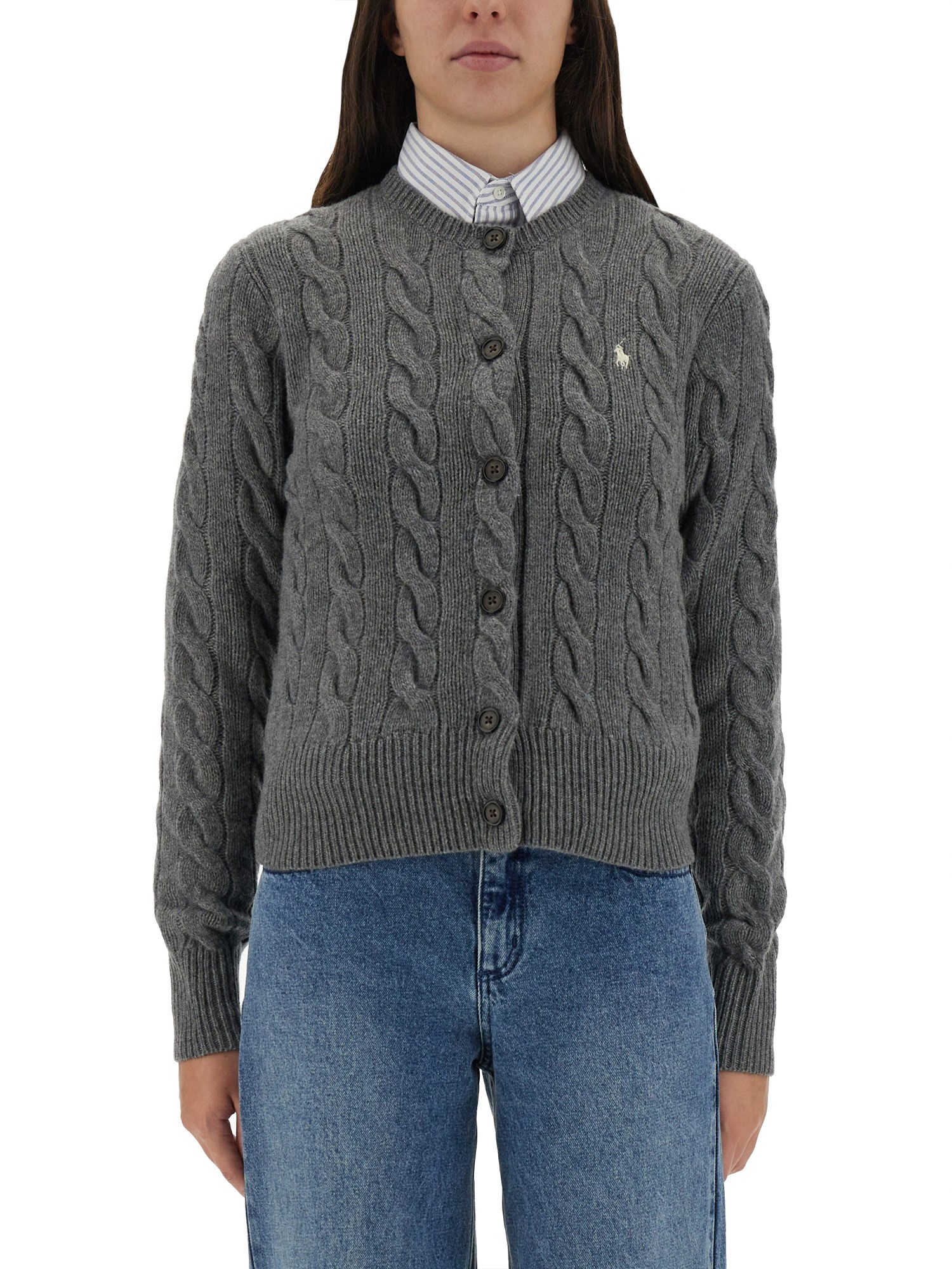 Polo Ralph Lauren Cable Knit Sweater With Button-up Front And Fitted Ribbed Hem In Gray