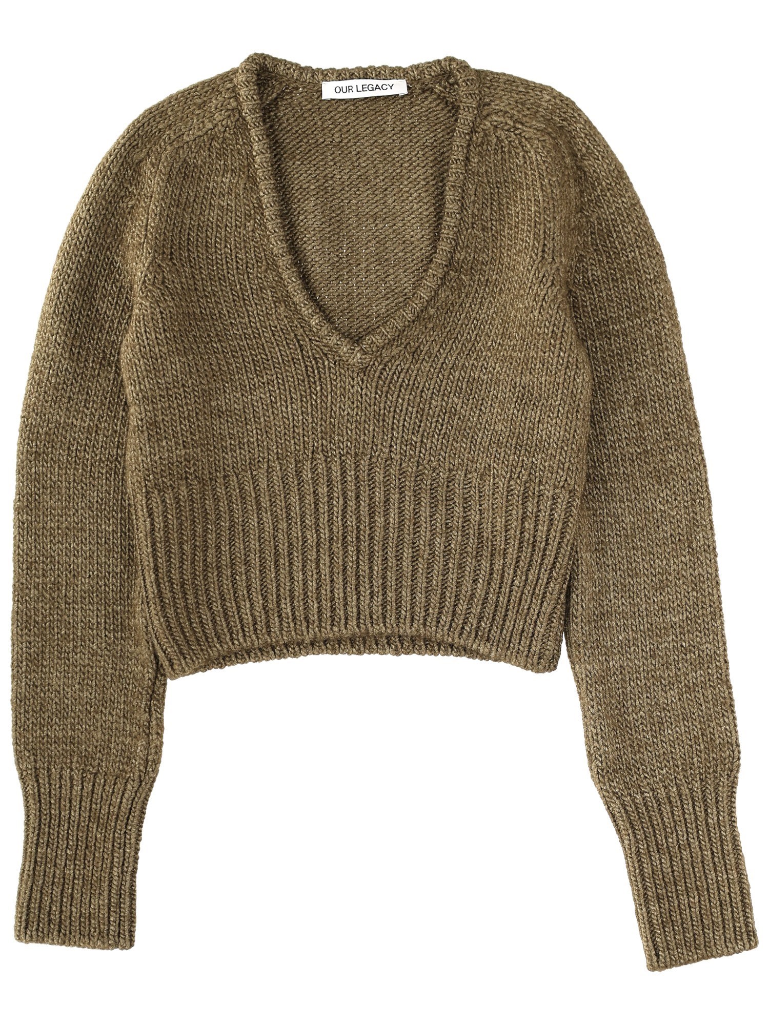 Our Legacy Cropped V-neck Long Sleeve Knit Sweater In Green