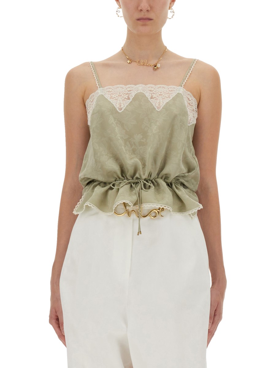 CANOTTA CON COULISSE IN JACQUARD DI SETA E PIZZO