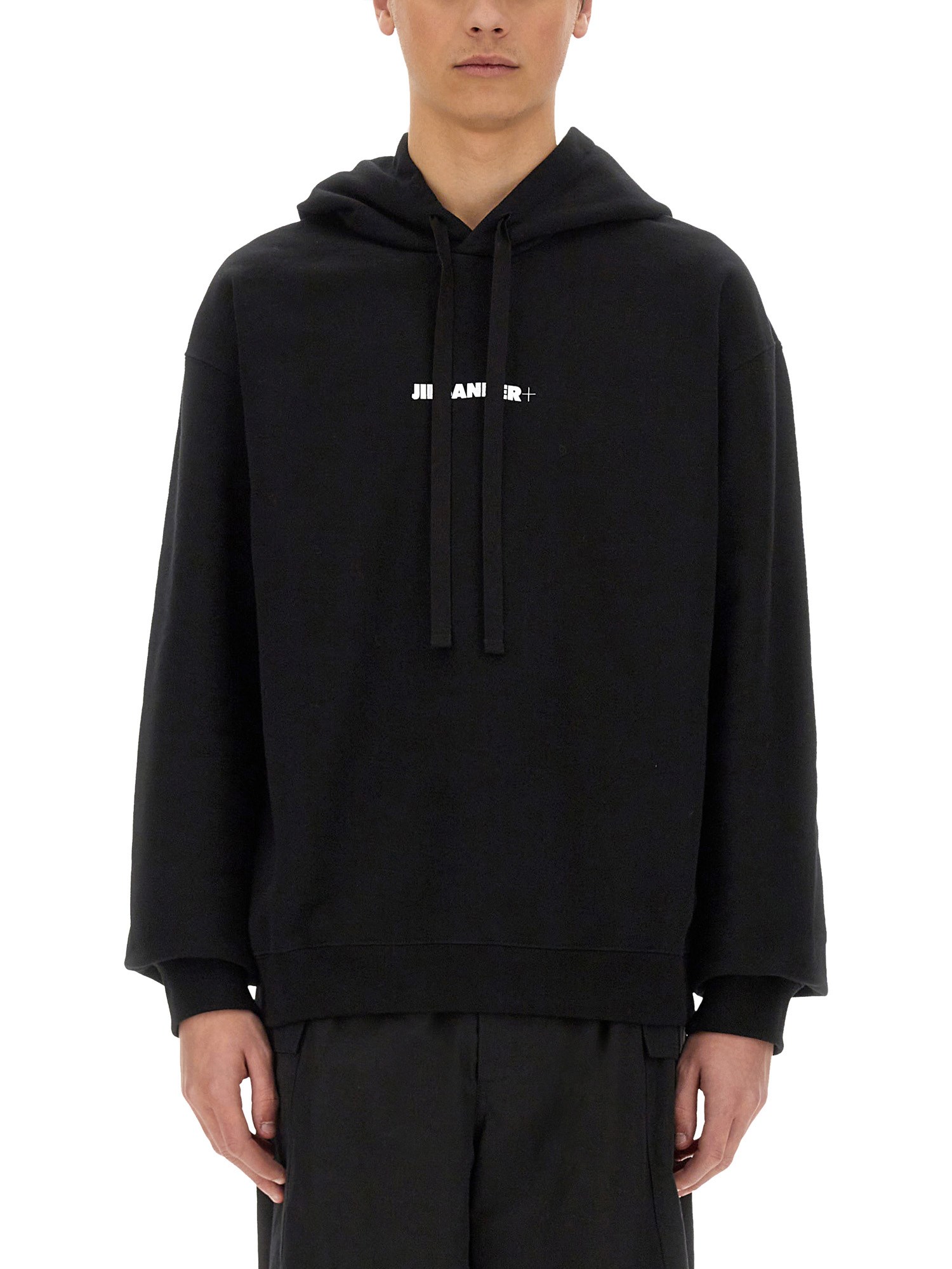 Jil Sander Relaxed Fit Black Cotton Hoodie With Logo Print In Black