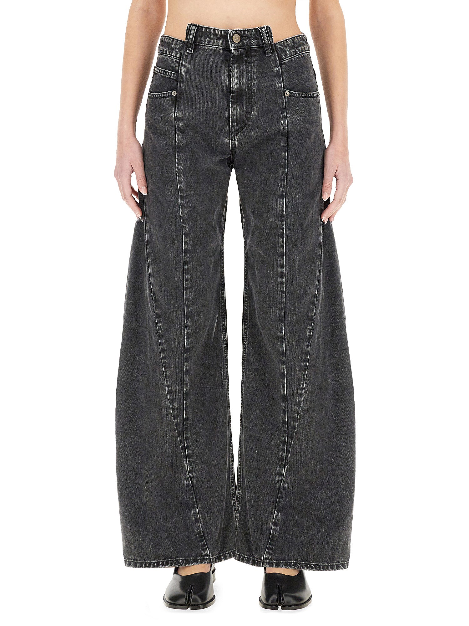 Maison Margiela Black Jeans With Wide Leg And Four-stitch Moniker Logo In Denim Woman In Black