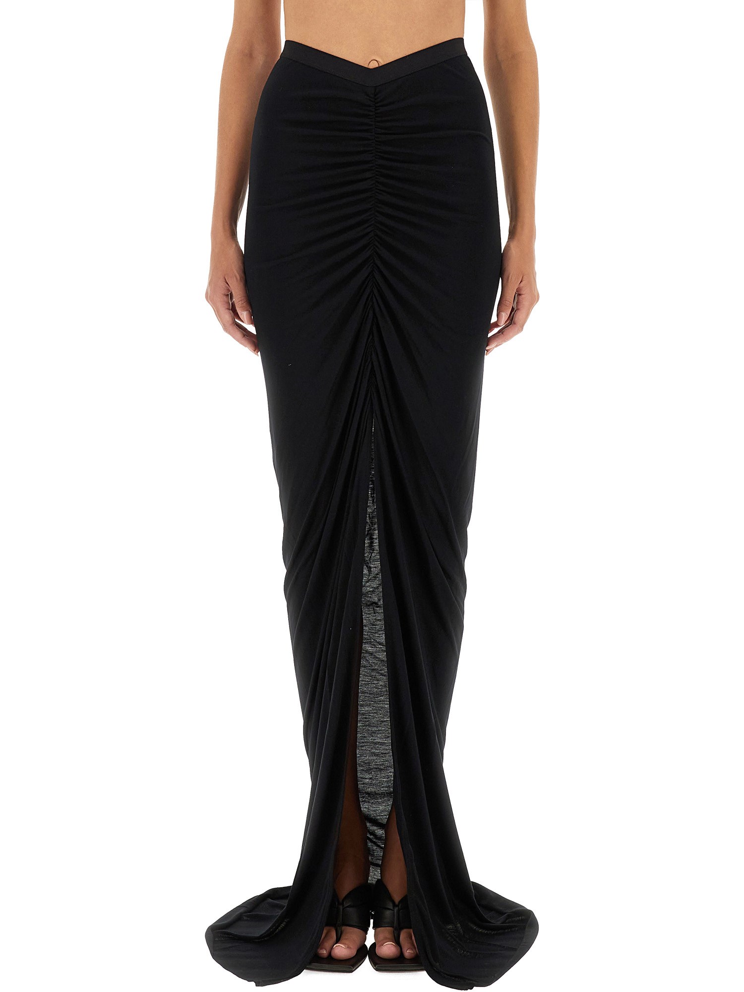 Rick Owens Poppy Ls Ruched Jersey Maxi Skirt In Black
