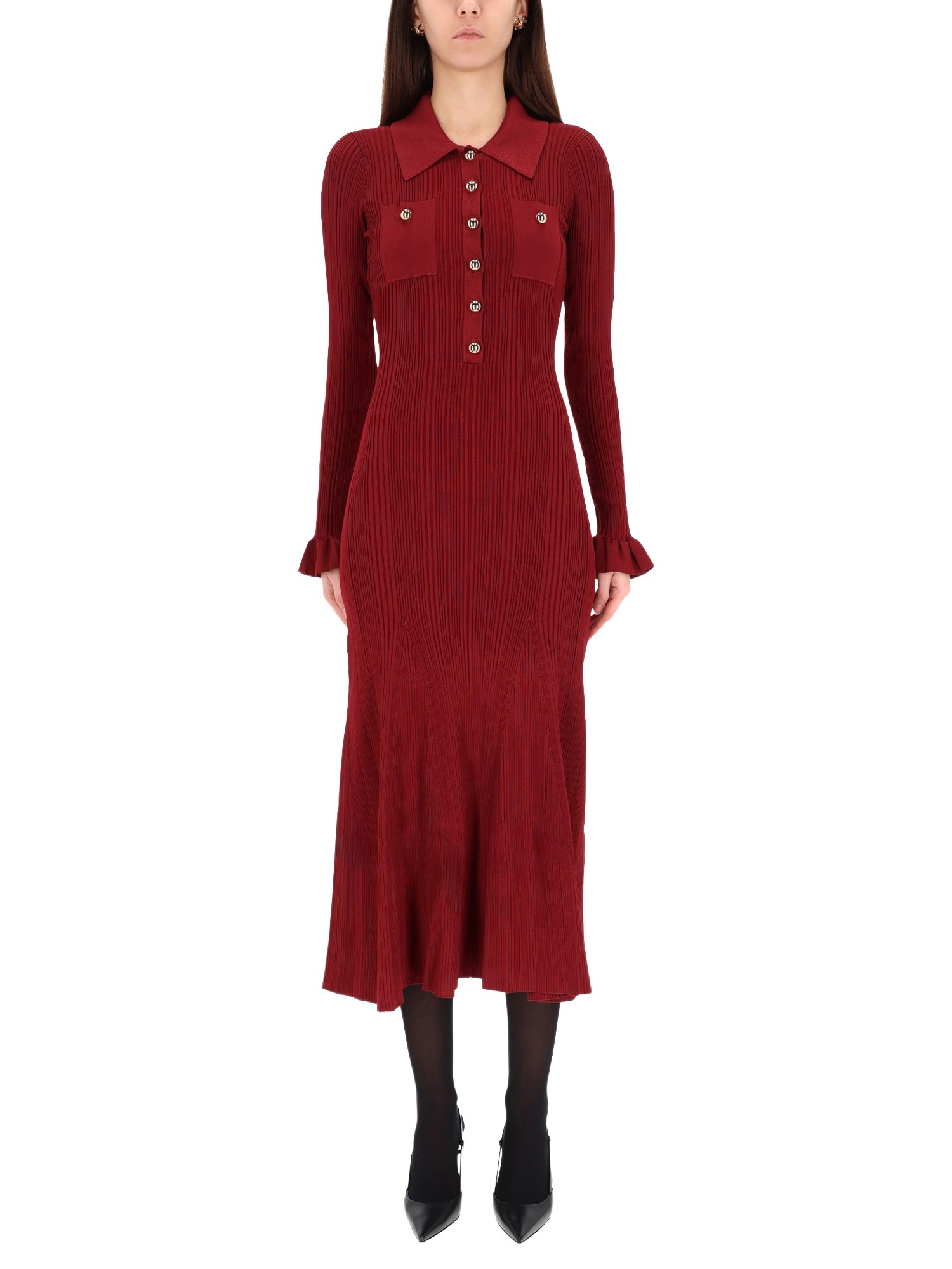 Self-portrait Midi Dress With Collar In Burgundy