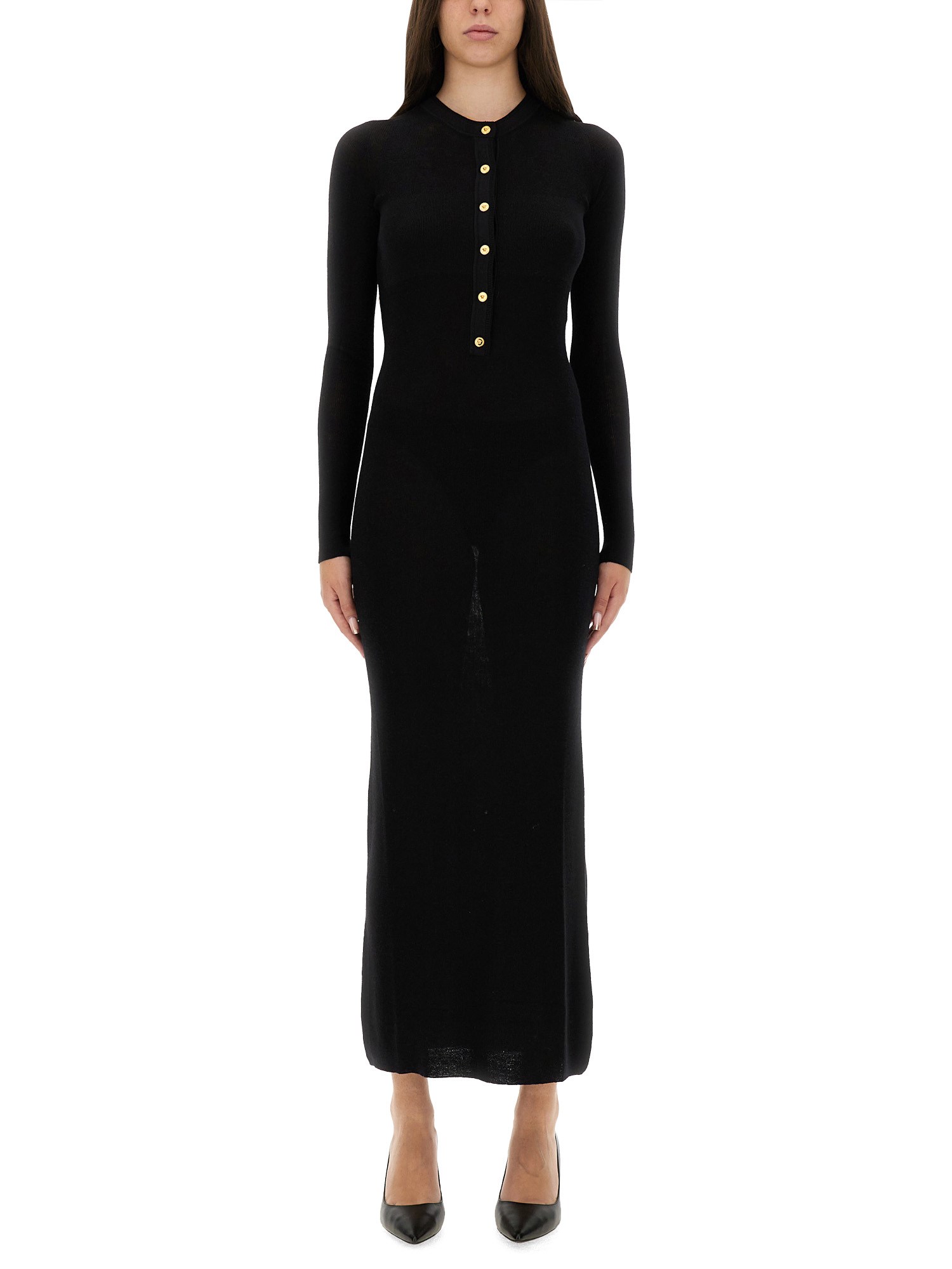 Versace Long Fitted Wool Dress With Gold-tone Button In Black