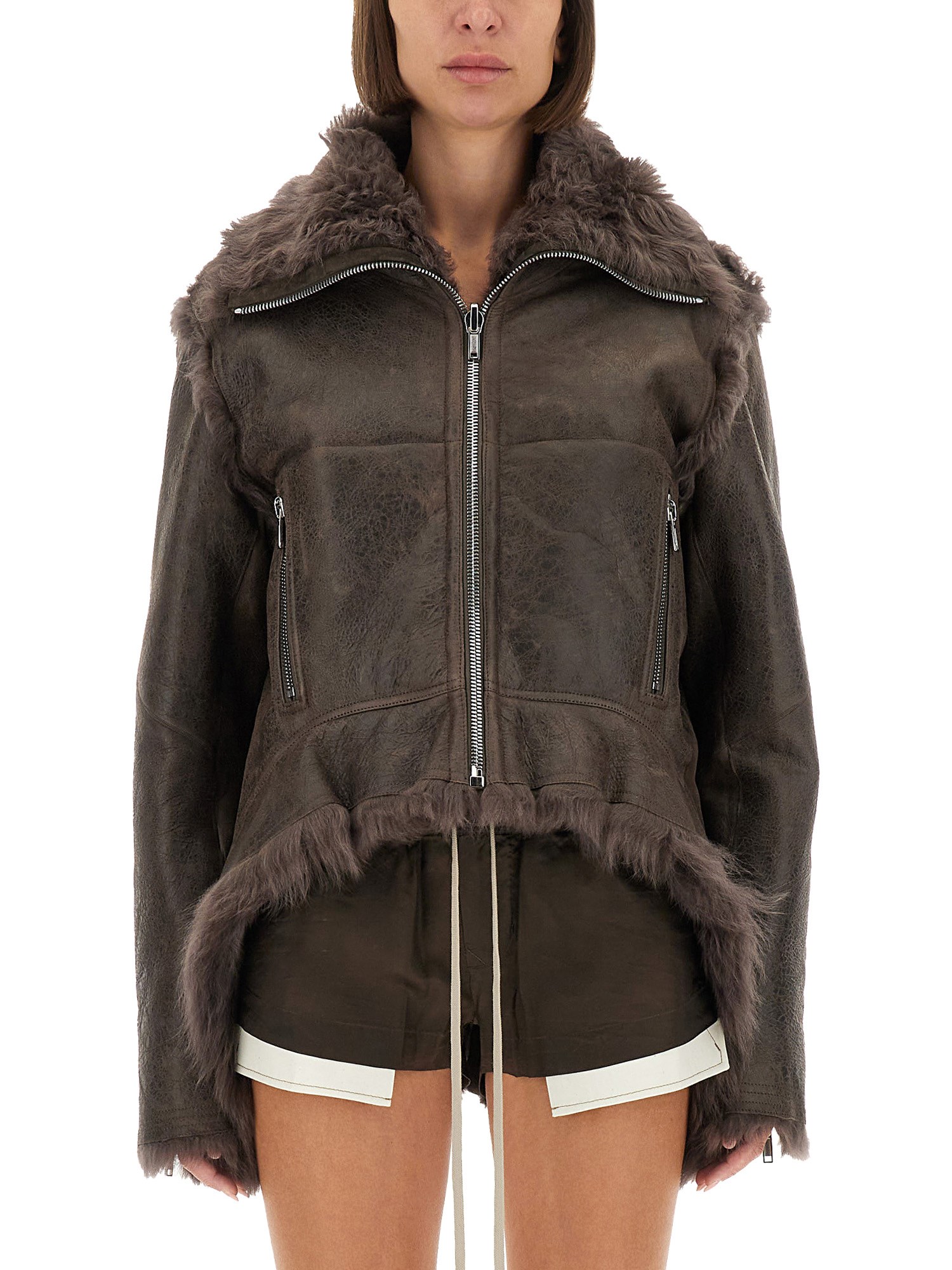 Rick Owens Brown Jacket With Reversible Design And Asymmetric Hem In Leather Woman In Brown