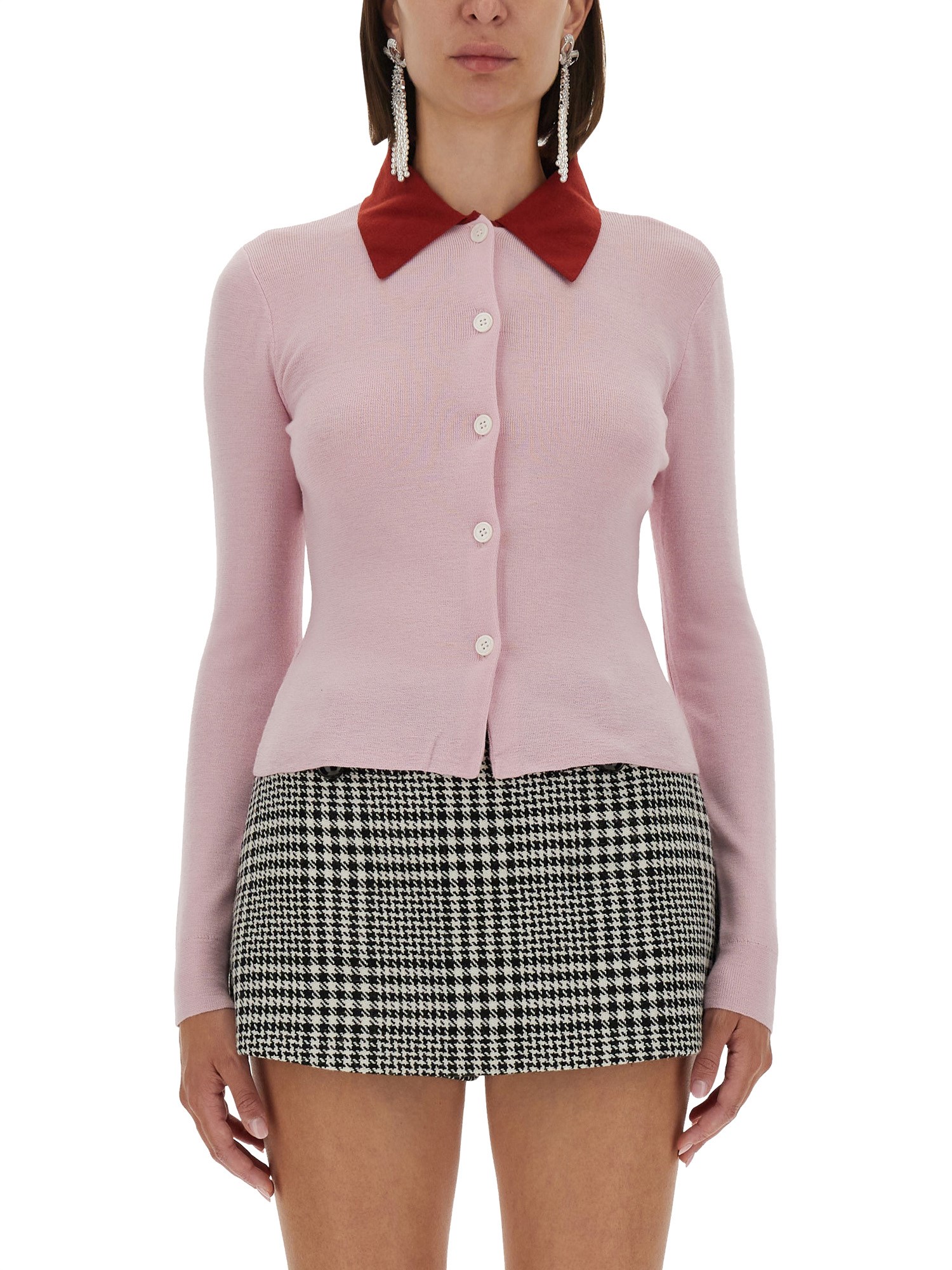Self-portrait Wool Cardigan With Contrasting Collar In Pink