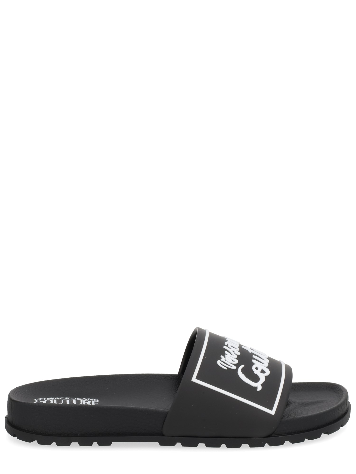Versace Jeans Couture Flat Sole Open Toe Sandals With Wide Strap In Black