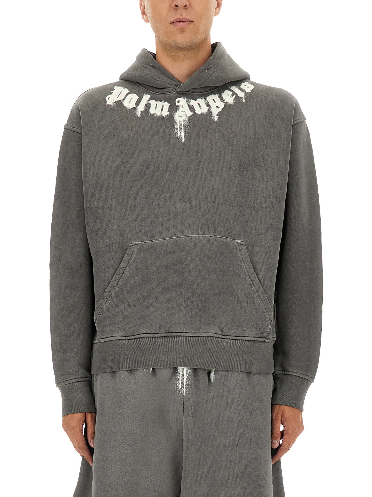 Palm Angels Cotton Hooded Sweatshirt Kangaroo Pocket In Gray