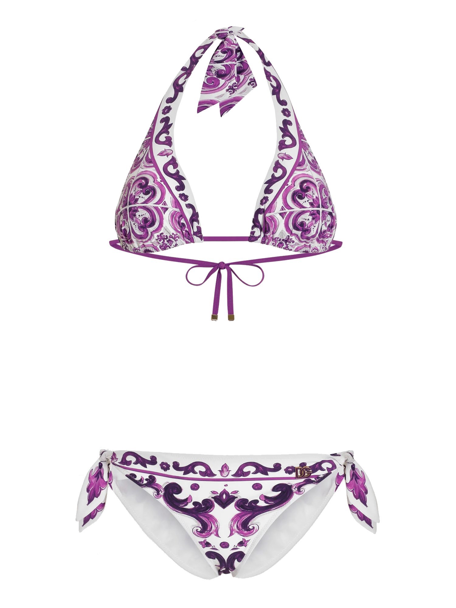 Dolce & Gabbana Majolica Print Padded Triangle Bikini Swimsuit In Purple
