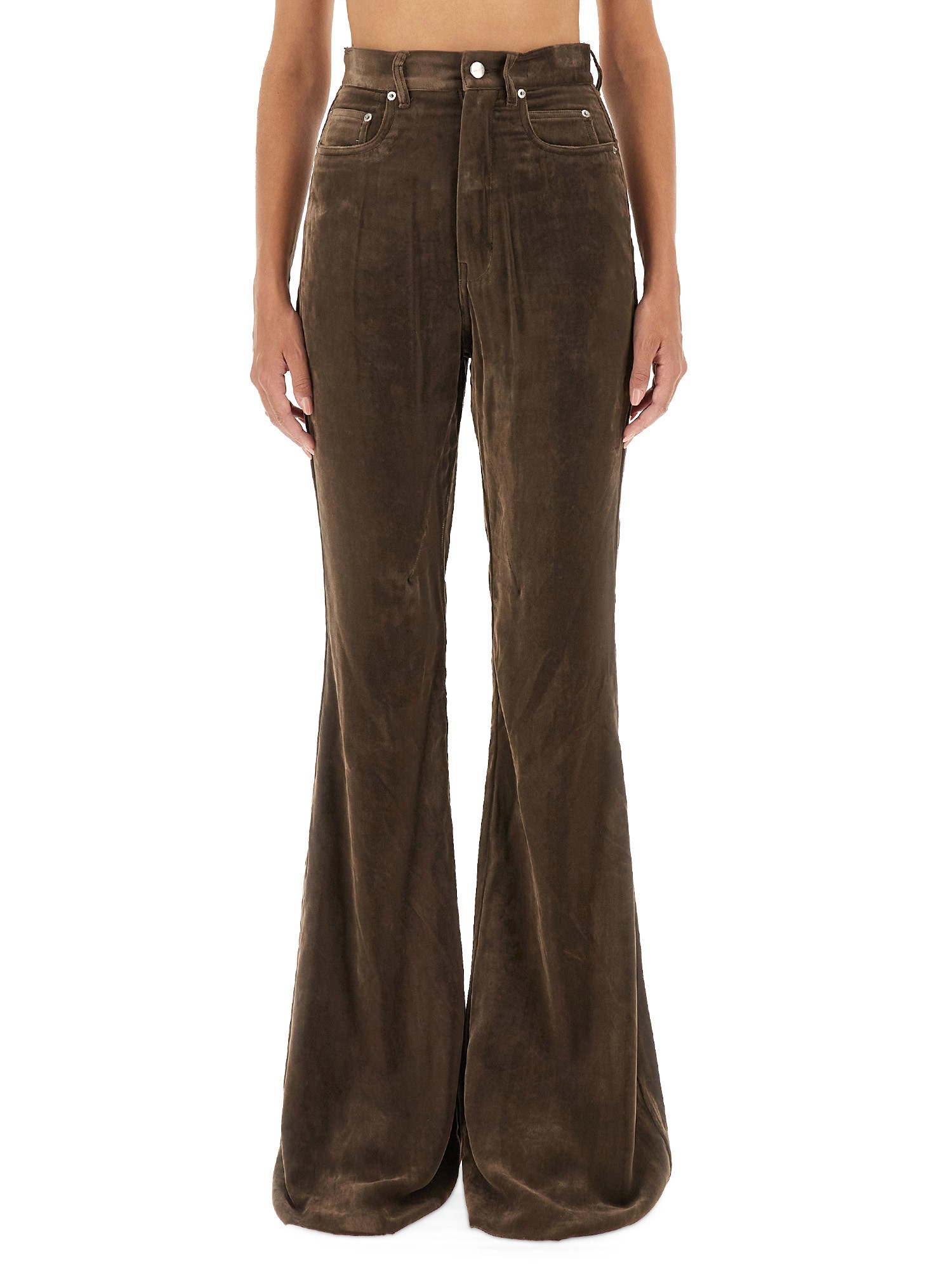 Rick Owens Flared Trousers With Pockets And Loops In Brown